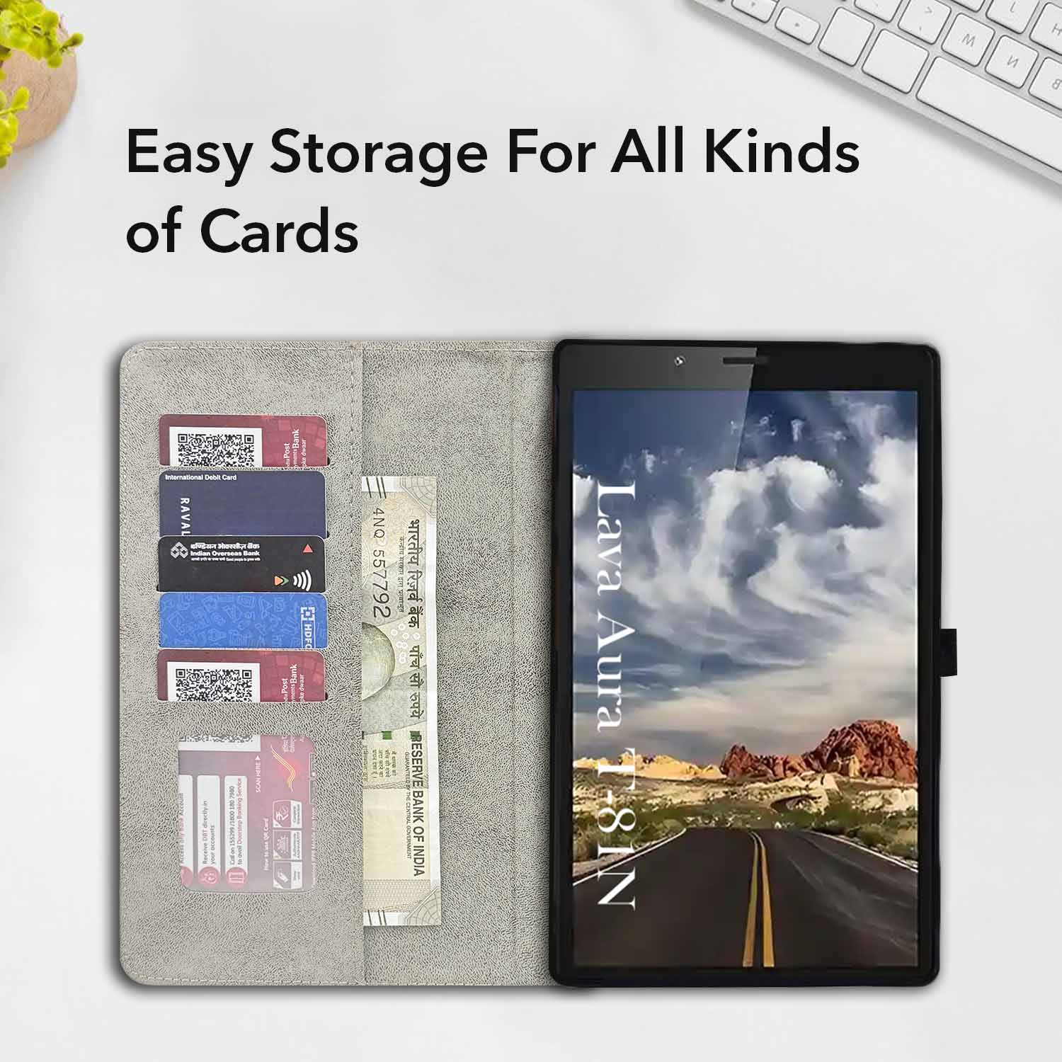 For Lava Aura T81N 8 Inch Flip Cover Folio Case (PU Matte Leather | Multi-Angle Smart Stand | Card Storage Slots | Silicone Back Pouch)