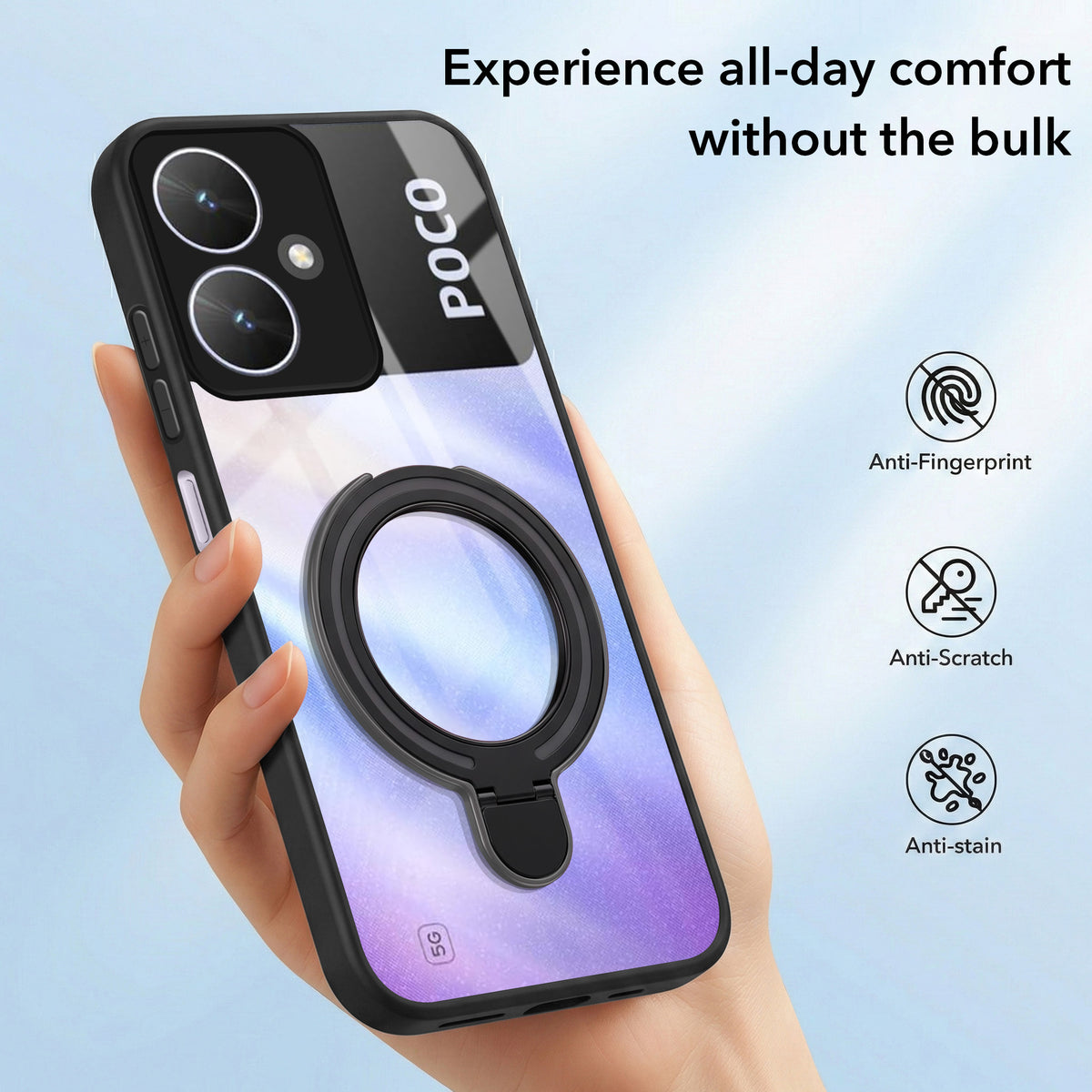 For Poco M6 5G Back Cover Case (Kick Stand Ring Holder | Life time Anti Yellow | Camera Protection)