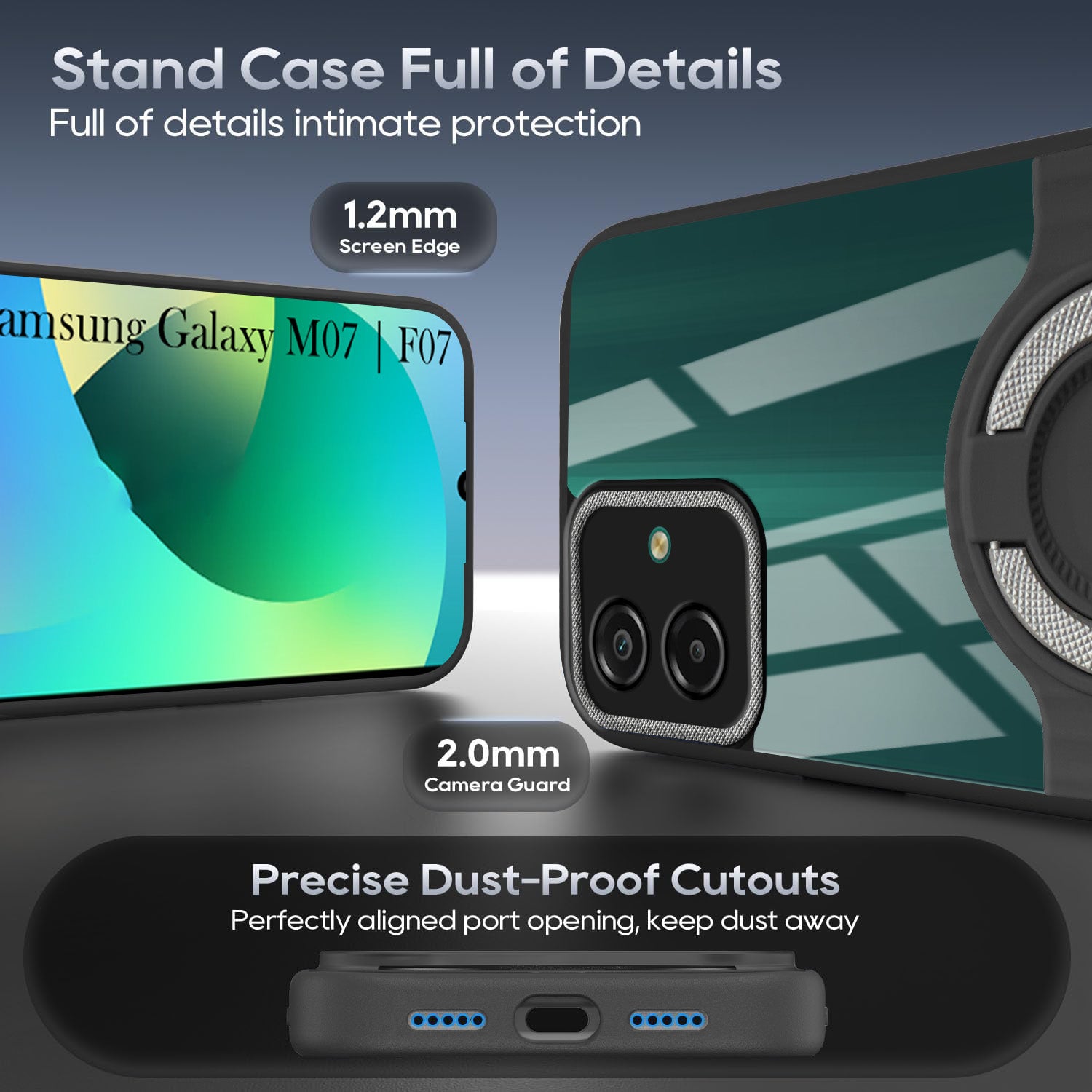 For Samsung Galaxy M07 | Samsung Galaxy F07 Back Cover Case with stand (Built-in Ring Holder Kickstand | Lifetime Anti Yellow | Camera Protection)