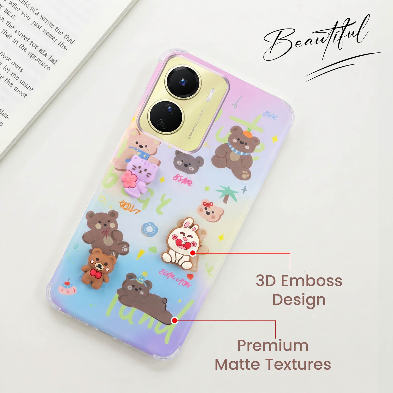 For Vivo Y16 Back Cover Case (3D Cute Cartoons | Hard Back Side Soft | Matte Premium Finish | HD Printing)