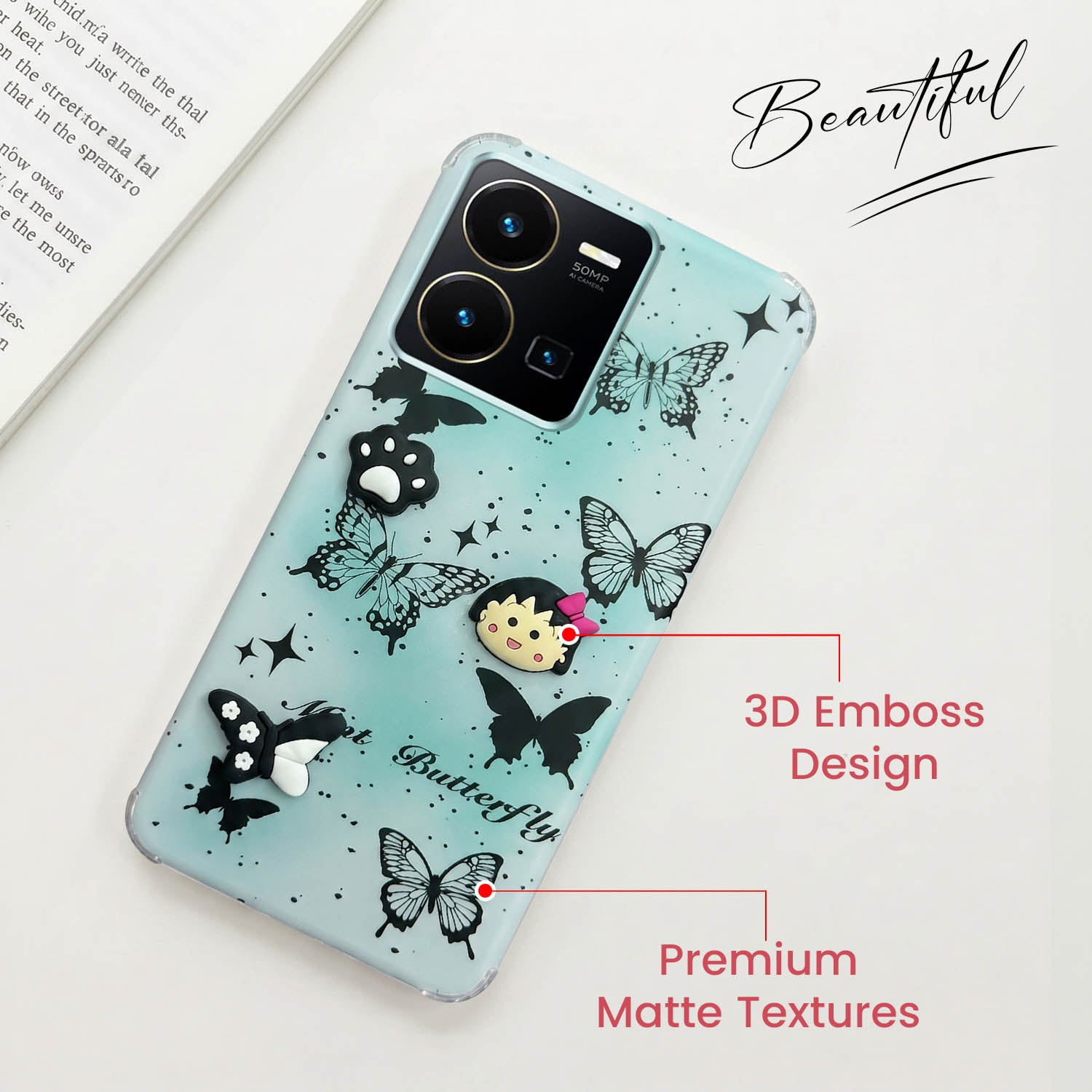 For Vivo Y35 Back Cover Case (3D Cute Cartoons | Hard Back Side Soft | Matte Premium Finish | HD Printing)