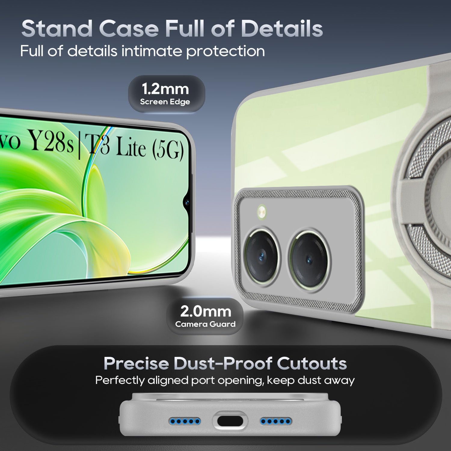 For Vivo T3 Lite 5G | Vivo Y28s 5G Back Cover Case with stand (Built-in Ring Holder Kickstand | Lifetime Anti Yellow | Camera Protection)
