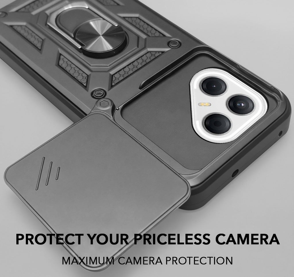 For Tecno Pova 7 5G Back Cover Case Hybrid Armor (Sliding Shutter Camera Protection | Polycarbonate |Ring Holder Kickstand)