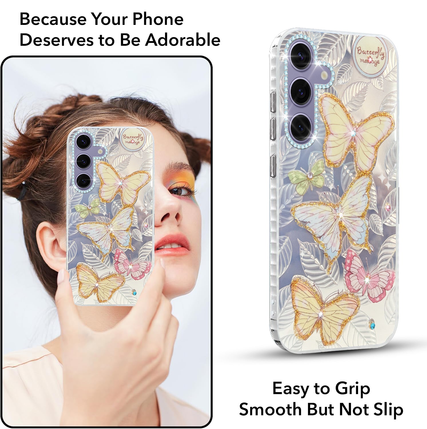 For Samsung Galaxy S24 Back Cover Case (Luxury Floral Glitter Cute Butterfly | Diamond Studded Camera Bump | Girls & Women Design)