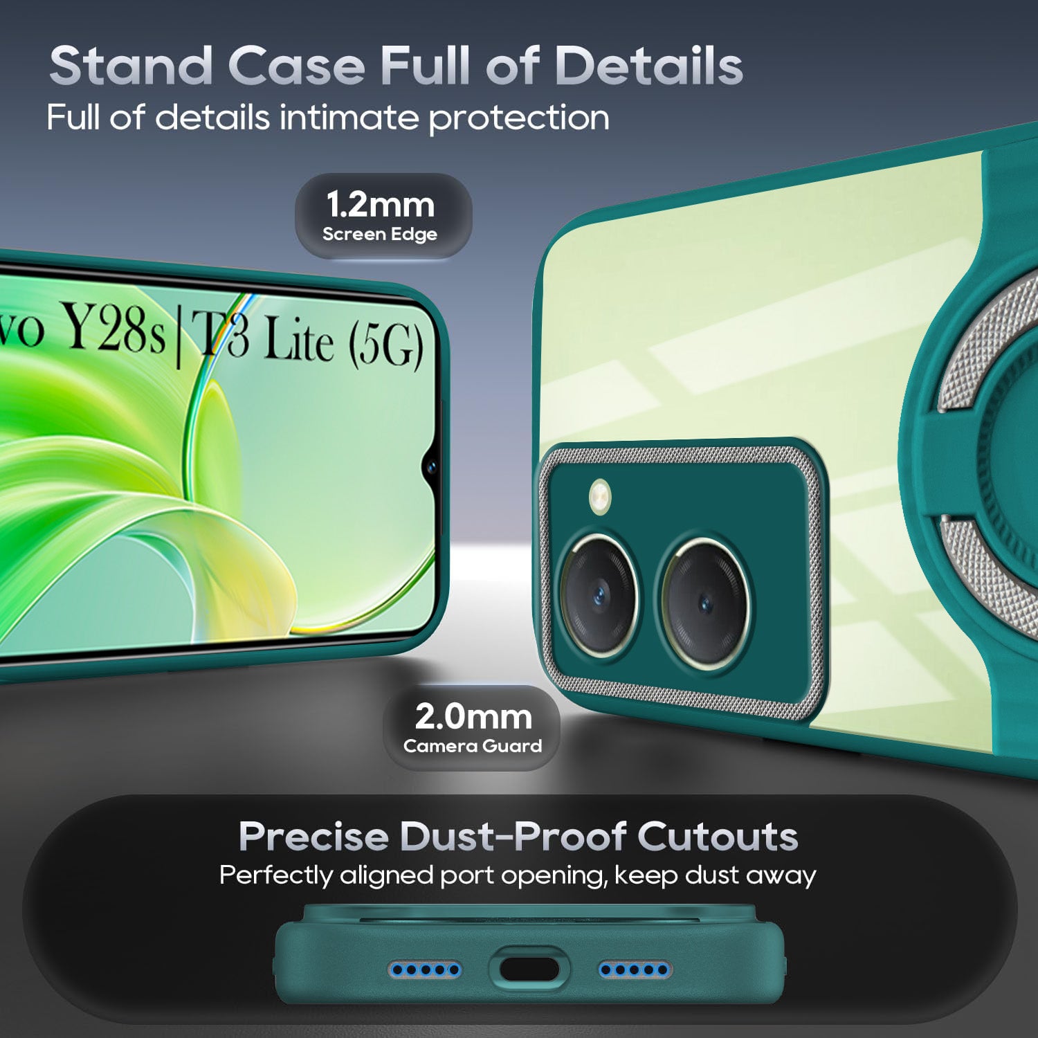 For Vivo T3 Lite 5G | Vivo Y28s 5G Back Cover Case with stand (Built-in Ring Holder Kickstand | Lifetime Anti Yellow | Camera Protection)