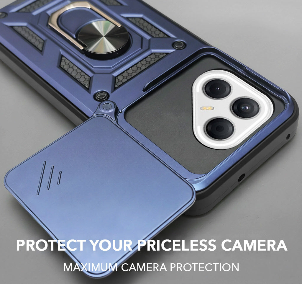 For Tecno Pova 7 5G Back Cover Case Hybrid Armor (Sliding Shutter Camera Protection | Polycarbonate |Ring Holder Kickstand)
