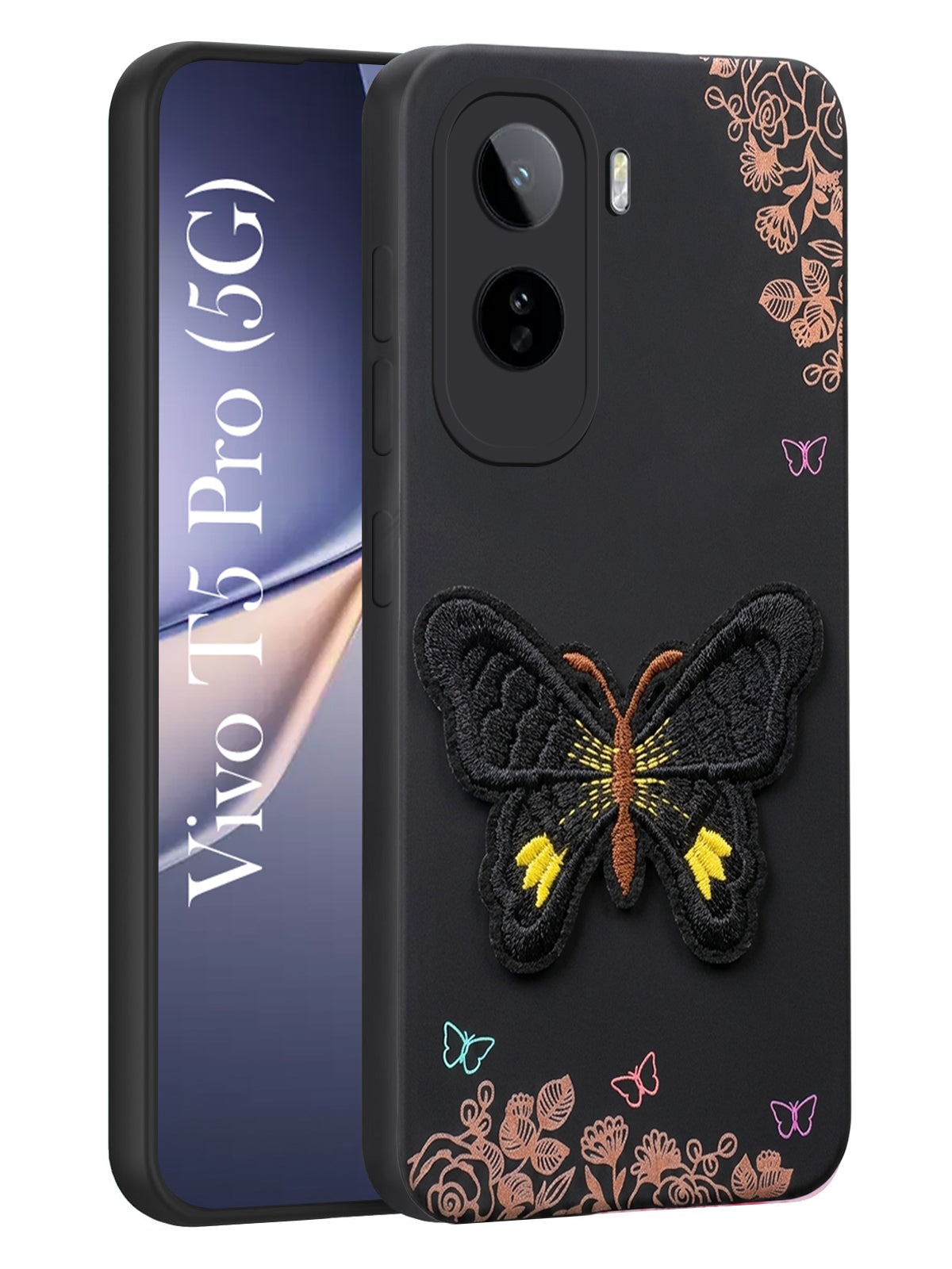 For Vivo T5 Pro 5G Back Cover Case (Soft Butterfly Embroidery | Women Teen Girls | Camera Protection| Matte Silicone)