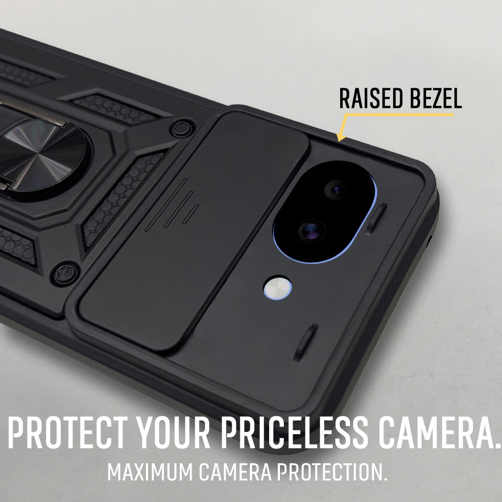 For Google Pixel 10a Back Cover Case Hybrid Armor (Sliding Shutter Camera Protection | Polycarbonate |Ring Holder Kickstand)