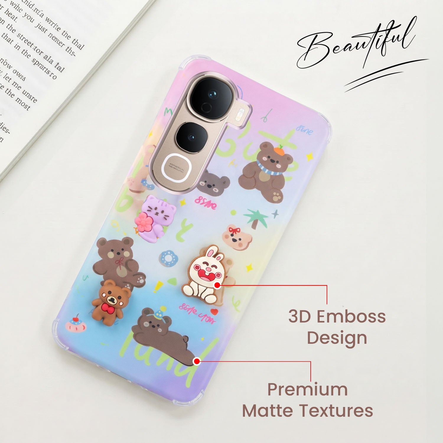For Vivo Y400 Pro Back Cover Case (3D Cute Cartoons | Hard Back Side Soft | Matte Premium Finish | HD Printing)