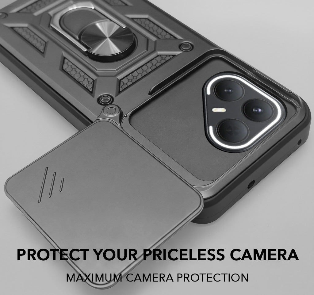 For Tecno Pova 7 Pro 5G Back Cover Case Hybrid Armor (Sliding Shutter Camera Protection | Polycarbonate |Ring Holder Kickstand)