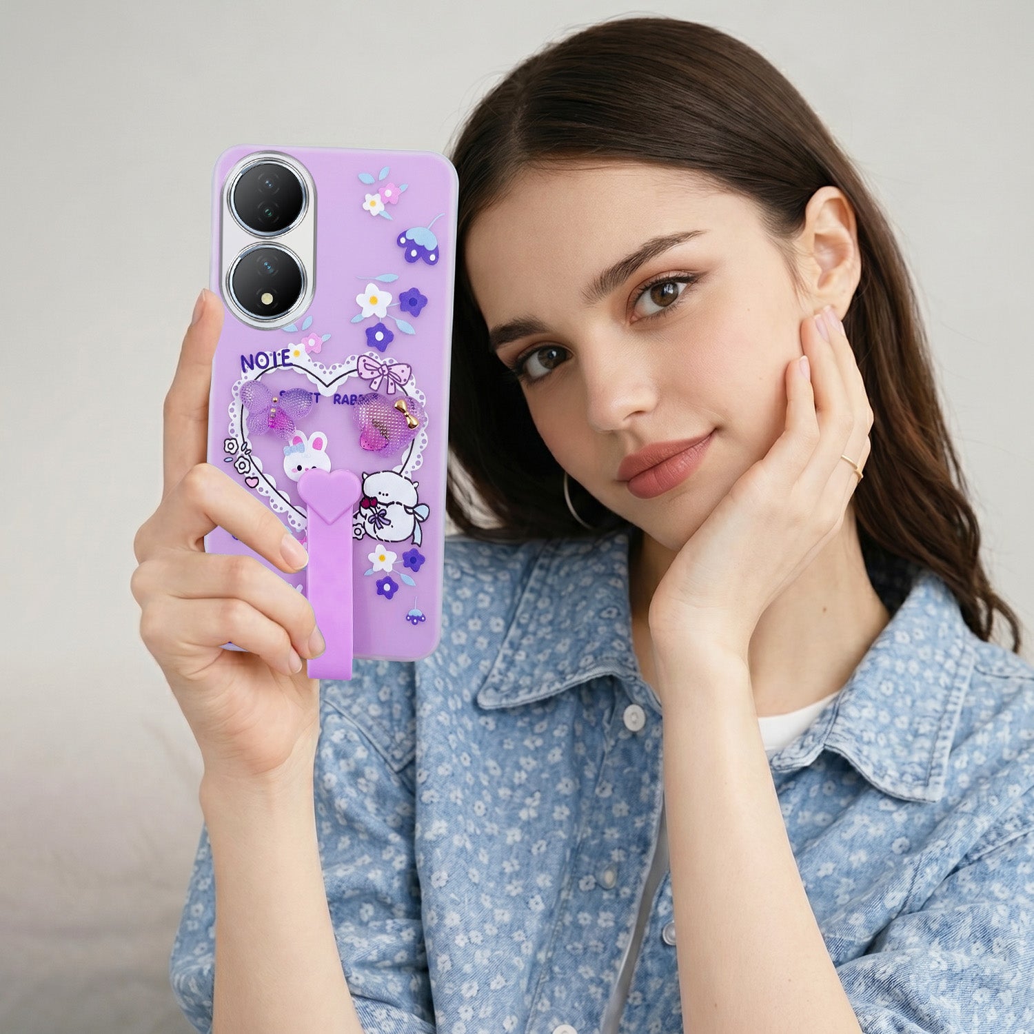 For Vivo Y100 Back Cover Case (3D Cute Heart Strap Holder | Camera Protection | Designer Girls Print)