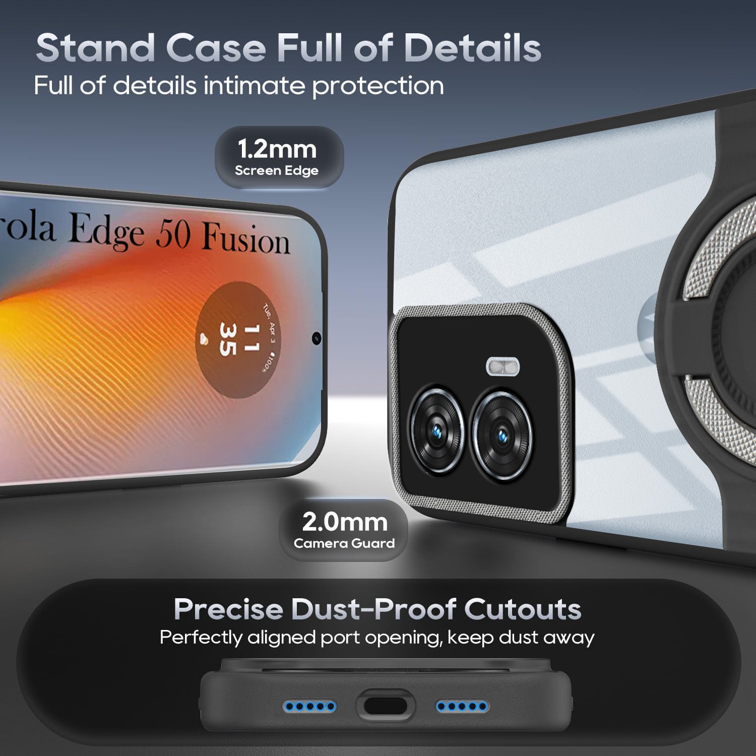 For Motorola Moto Edge 50 Fusion Back Cover Case with stand (Built-in Ring Holder Kickstand | Lifetime Anti Yellow | Camera Protection)