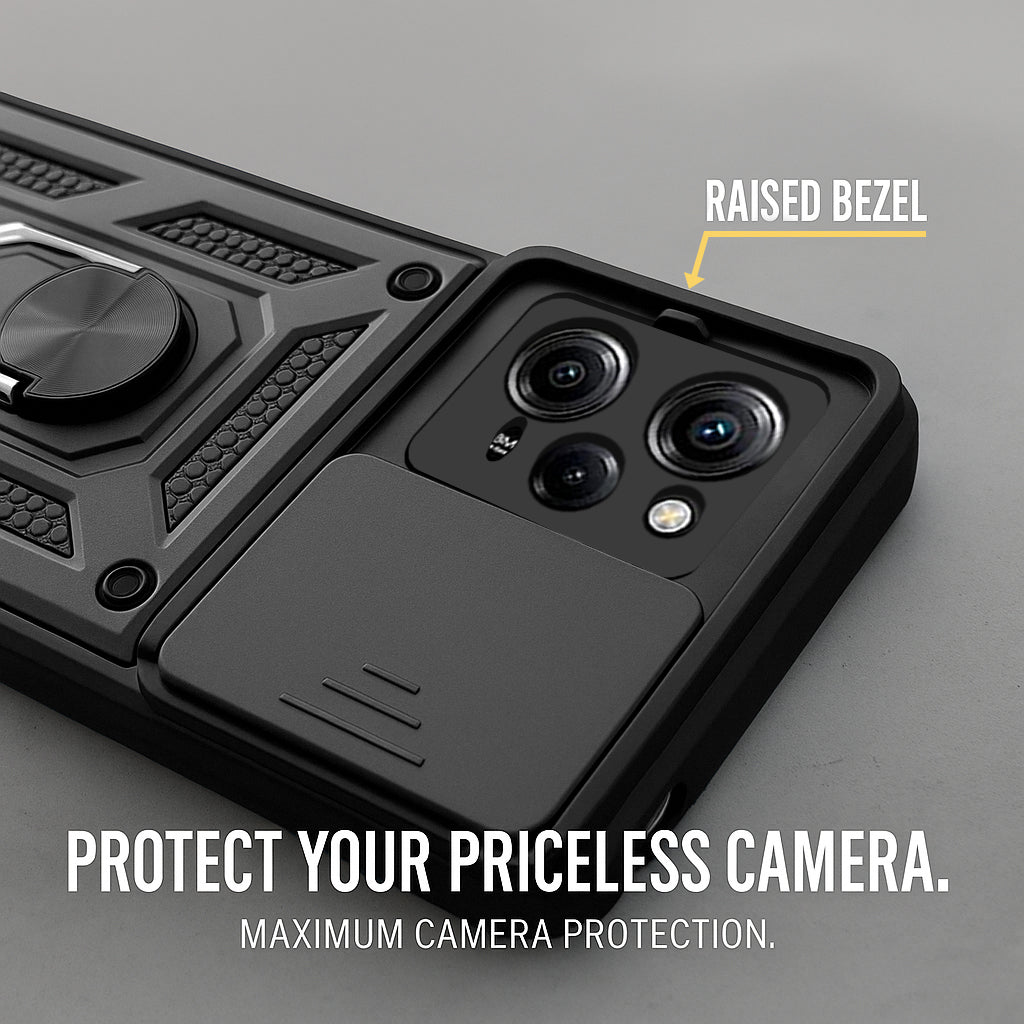 For Poco X5 Pro 5G Back Cover Case (Sliding Shutter Camera Protection | Polycarbonate |Ring Holder Kickstand)