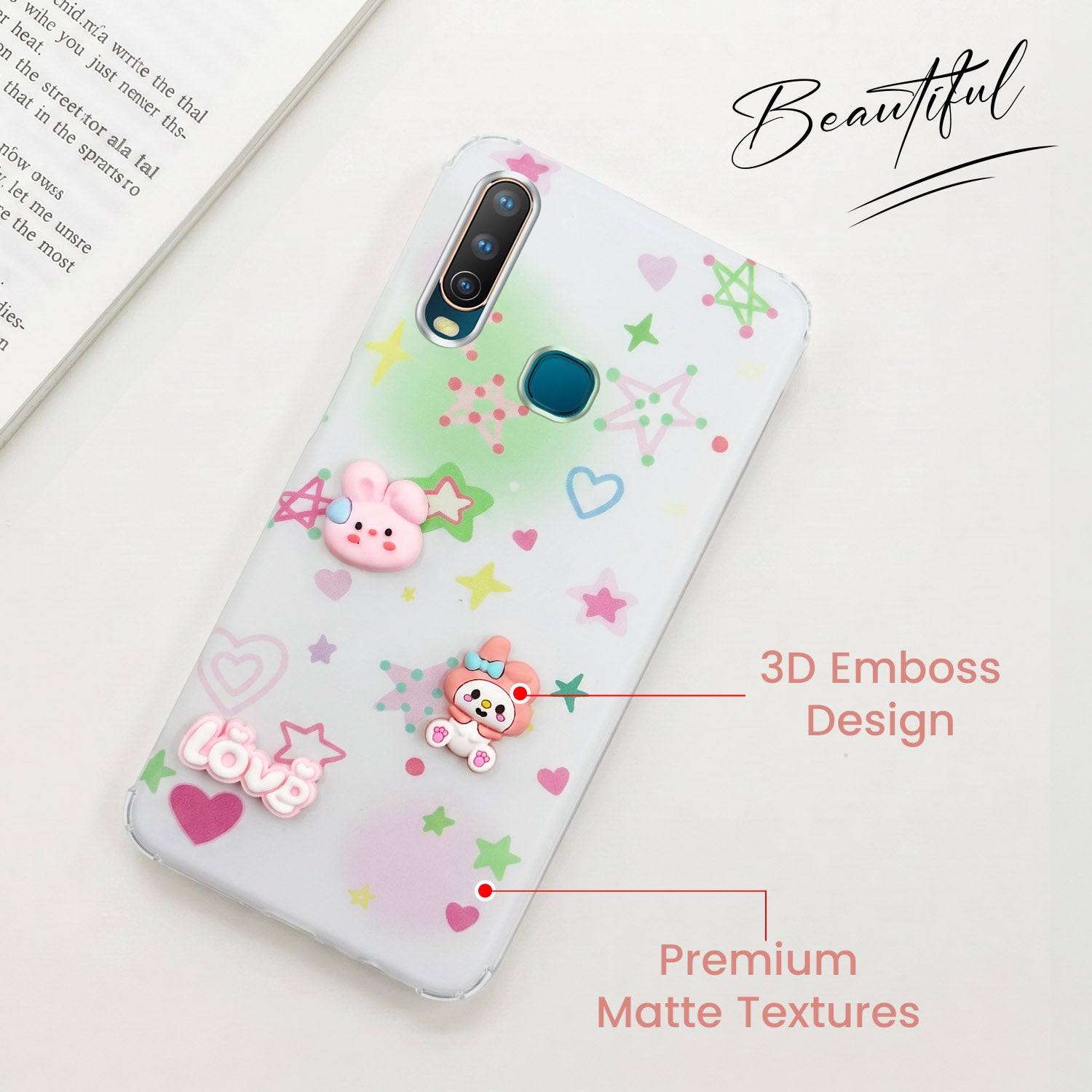 For Vivo U10 Back Cover Case (3D Cute Cartoons | Hard Back Side Soft | Matte Premium Finish | HD Printing)