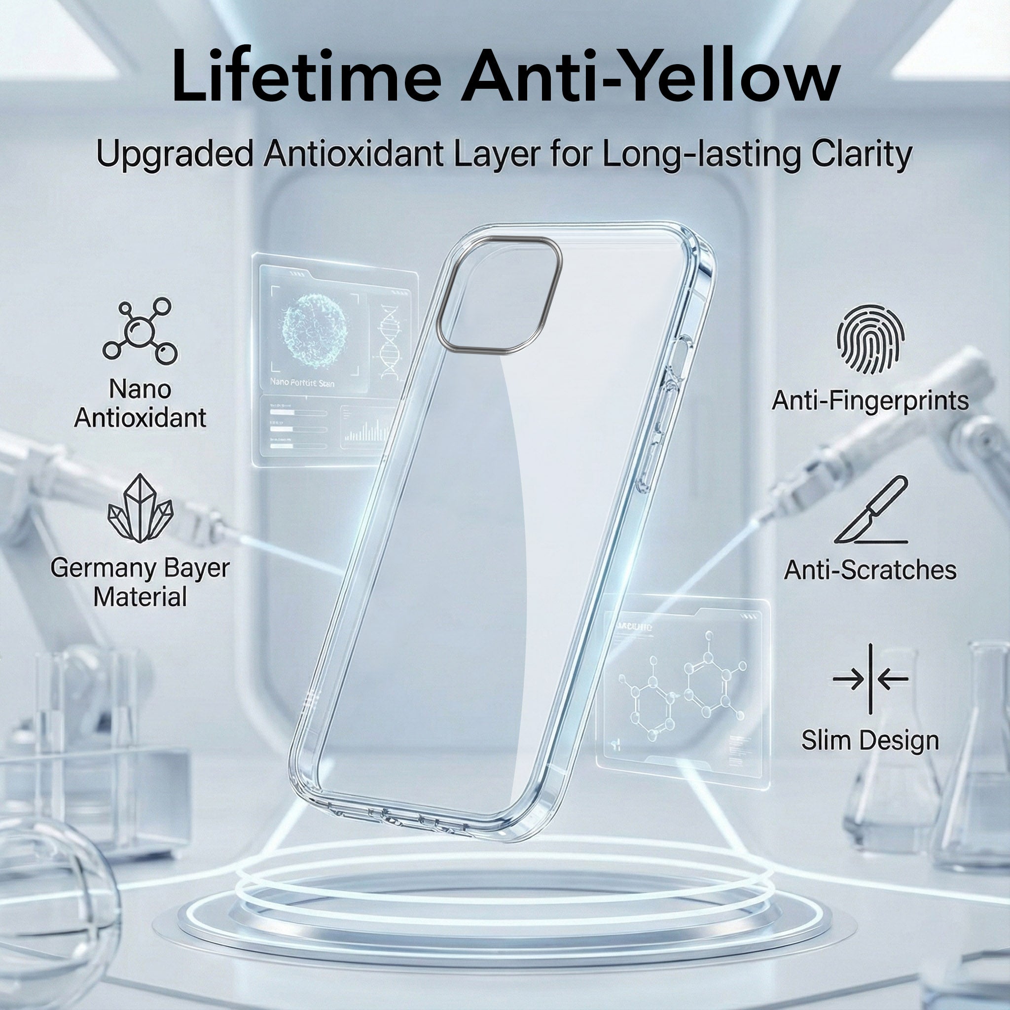 For Apple iPhone 14 Combo with Back Cover and 9H Tempered Glass (Lifetime Anti-Yellow | Sleek Hard Crystal | Oleophobic Coating Screen Glass)