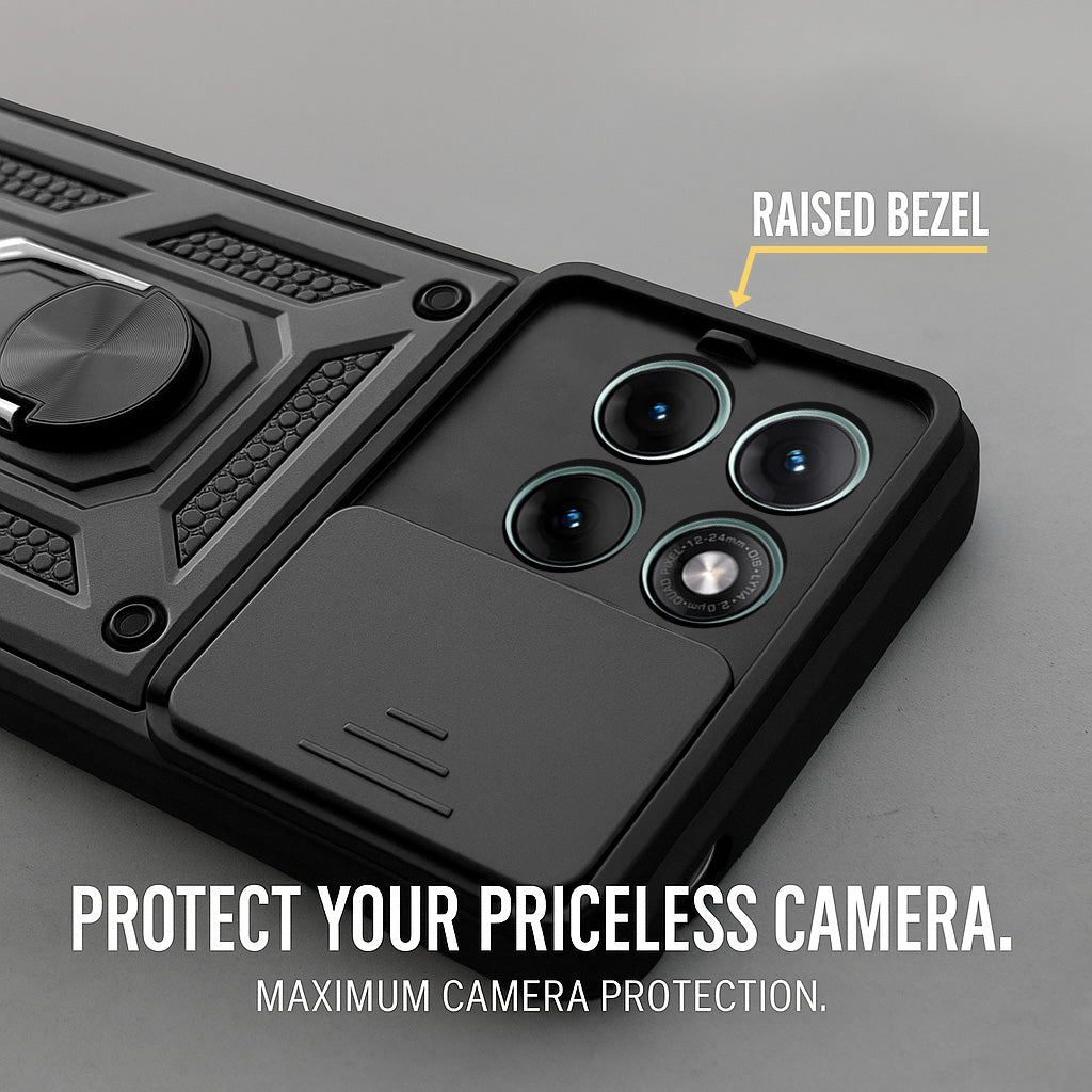 For Motorola Moto Edge 70 Fusion Back Cover Case Hybrid Armor (Sliding Shutter Camera Protection | Polycarbonate |Ring Holder Kickstand)