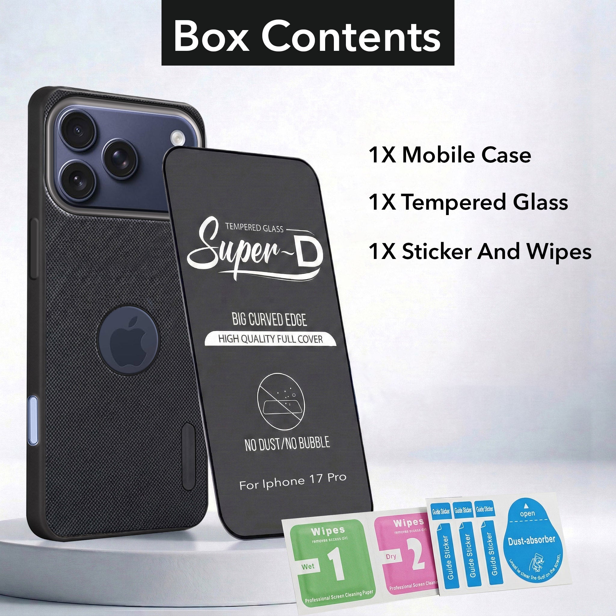 For Apple iPhone 17 Pro Combo with Back Cover and 9H Tempered Glass (Textured Grip Design | Micro-Fiber Cloth Inside | Oleophobic Coating Screen Glass)