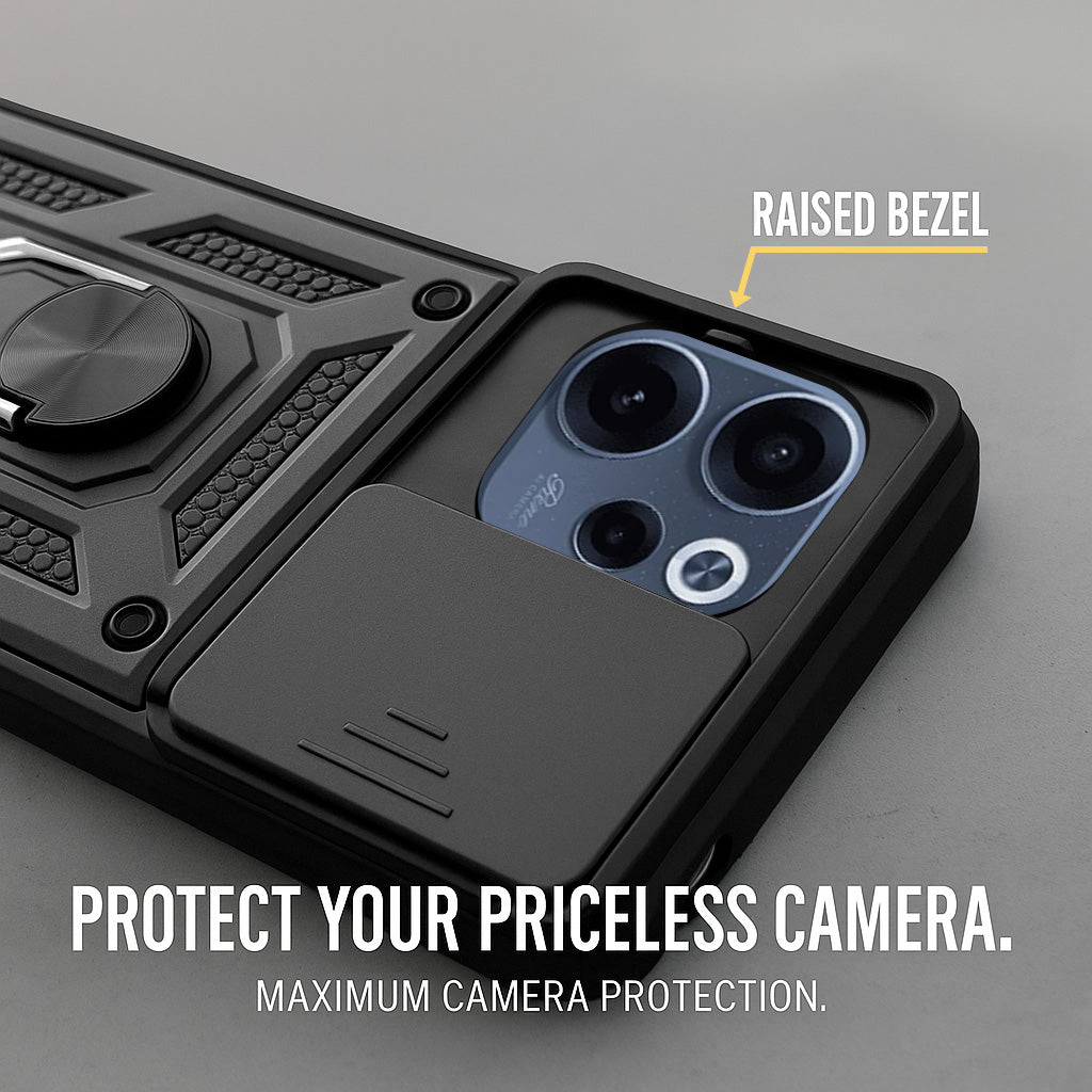 For Oppo Reno 15c Back Cover Case Hybrid Armor (Sliding Shutter Camera Protection | Polycarbonate |Ring Holder Kickstand)