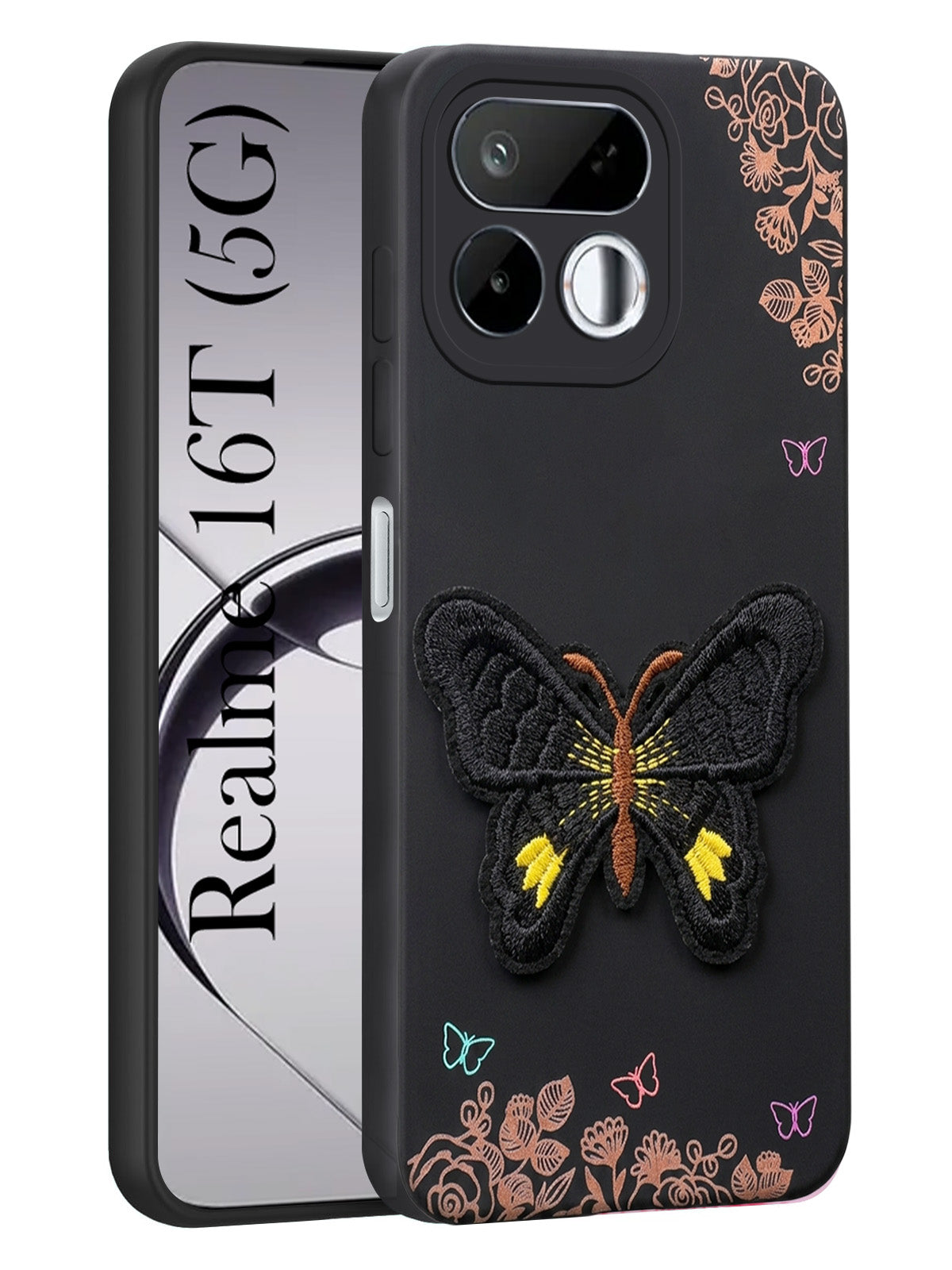 For Realme 16T 5G Back Cover Case (Soft Butterfly Embroidery | Women Teen Girls | Camera Protection| Matte Silicone)
