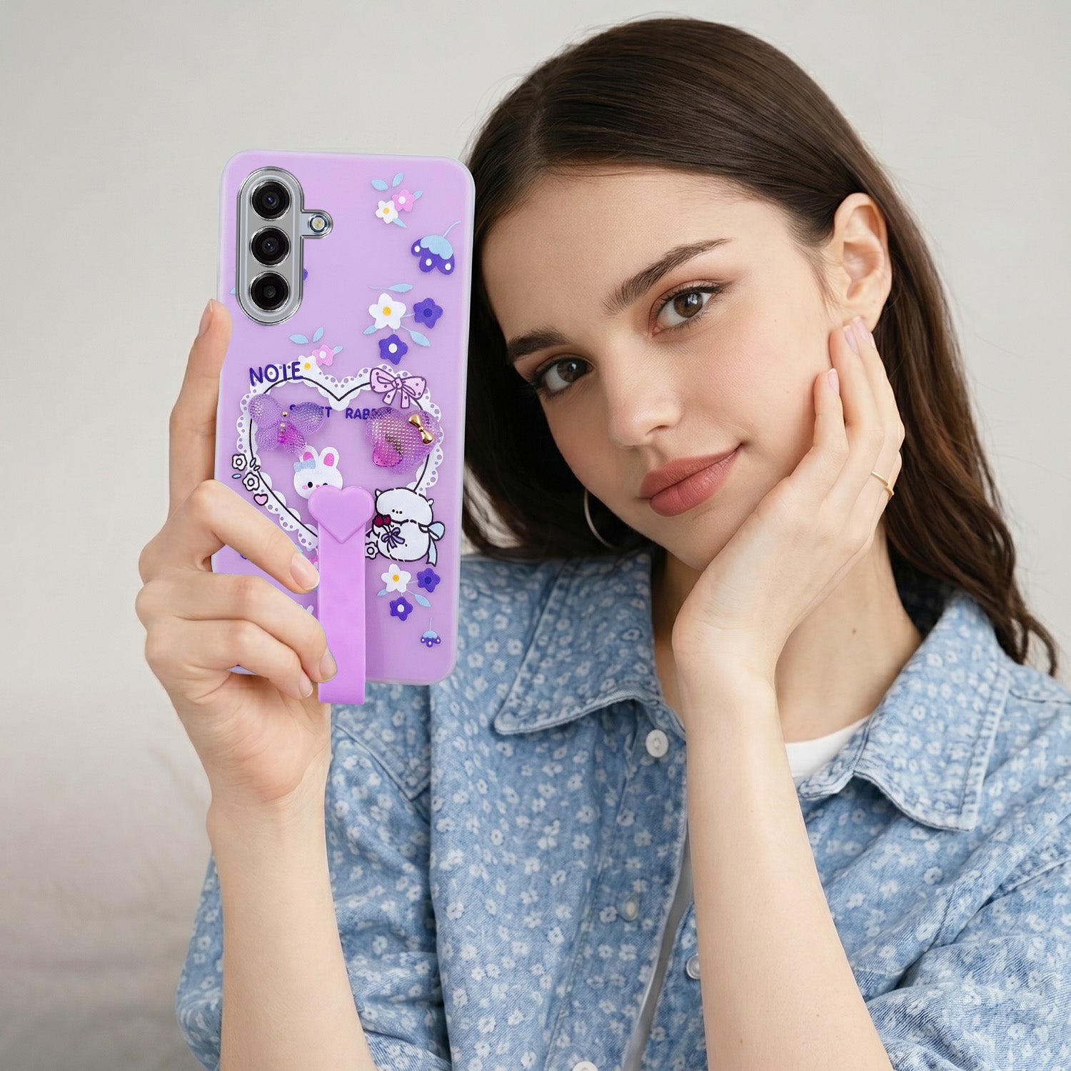 For Samsung A17 Back Cover Case (3D Cute Heart Strap Holder | Camera Protection | Designer Girls Print)