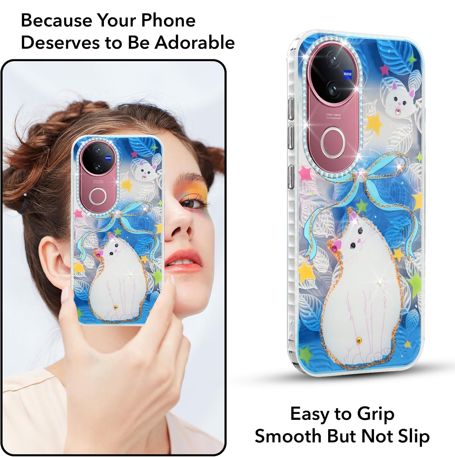 For Vivo V50 | Vivo V50e Back Cover Case (Luxury Floral Glitter Cute Butterfly | Diamond Studded Camera Bump | Girls & Women Design)