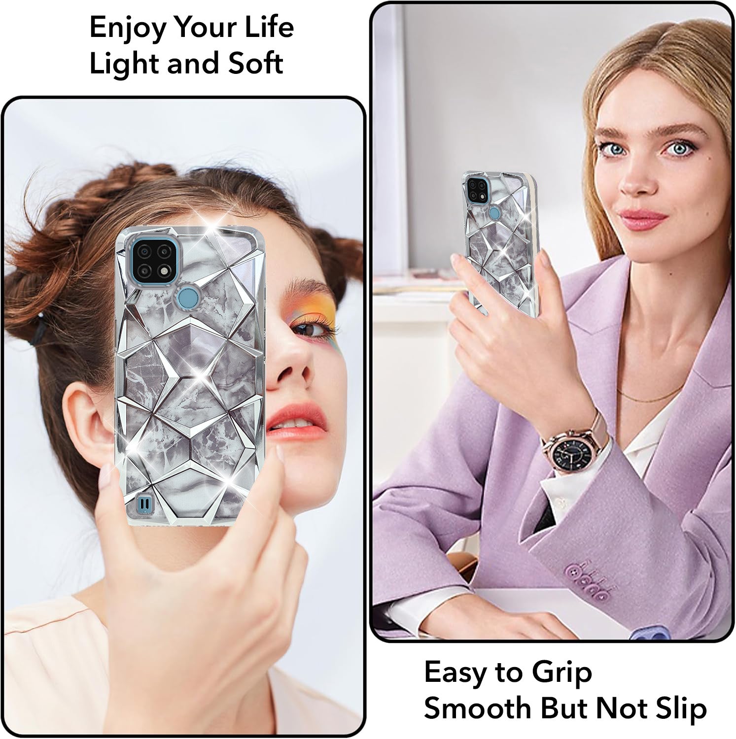 For Realme C21 Back Cover Case Dual Design Glitter Sparkle and Detachable  Diamond Print Case Soft and Fle Black