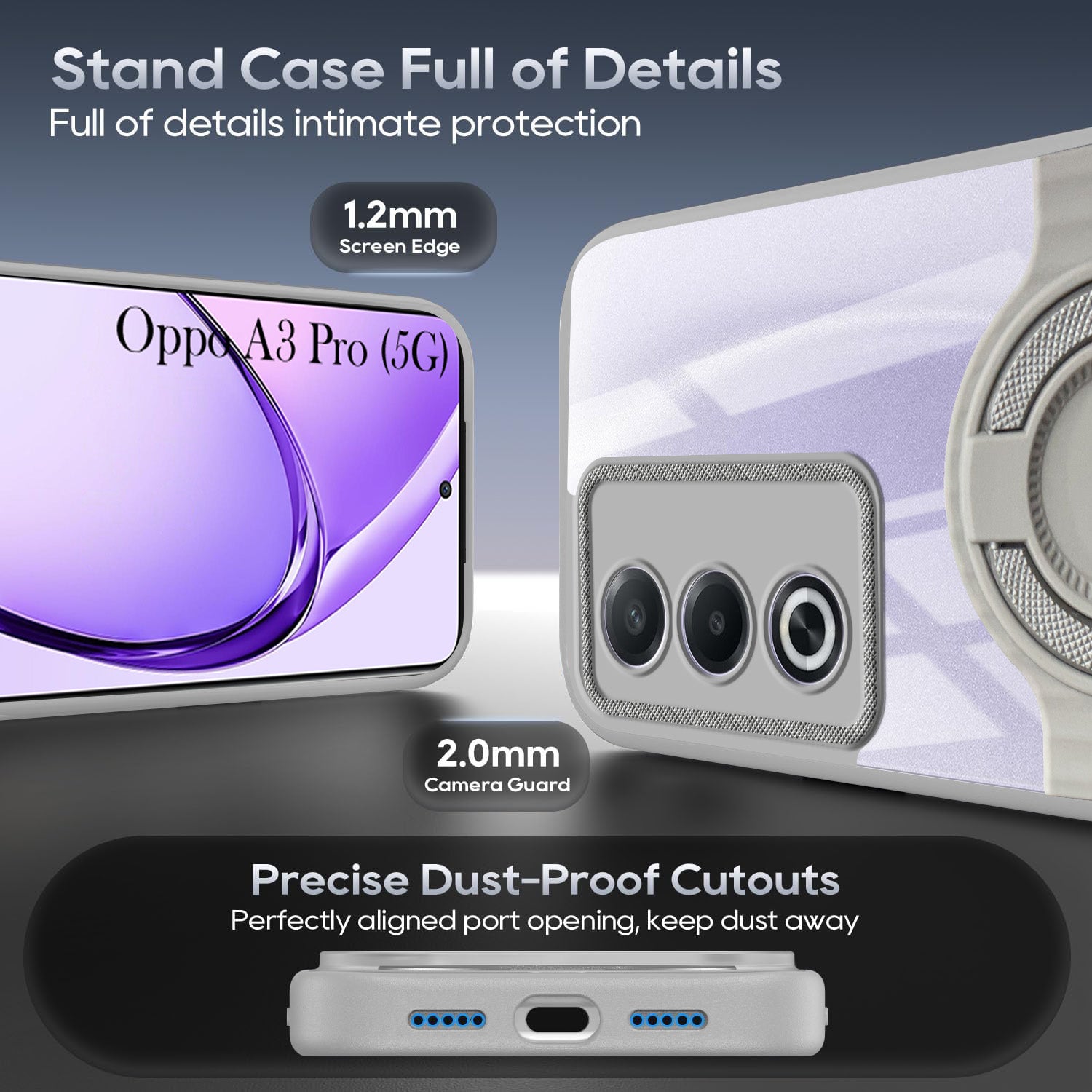 For Oppo A3 Pro 5G Back Cover Case with stand (Built-in Ring Holder Kickstand | Lifetime Anti Yellow | Camera Protection)