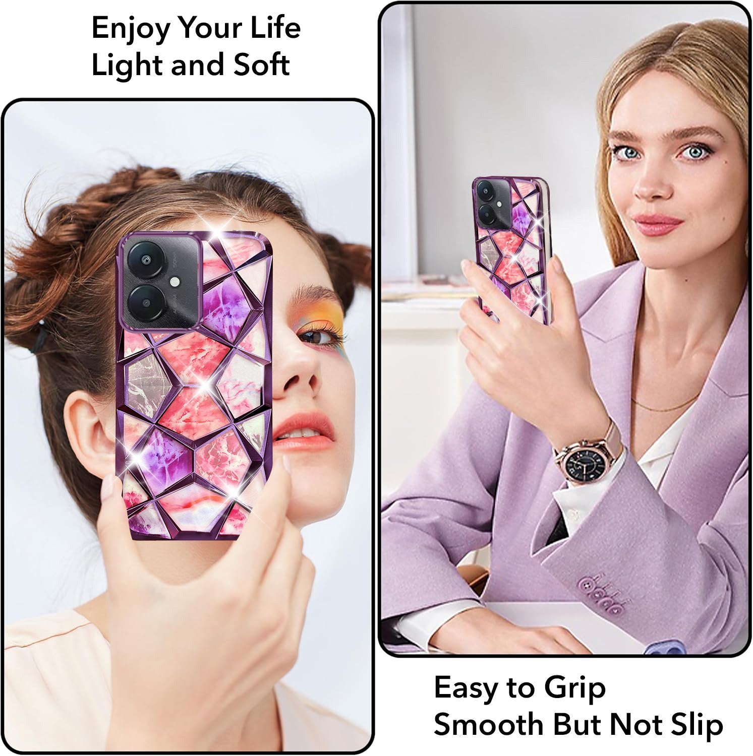 For Redmi 13C 5G Back Cover Case (Dual Design Glitter Sparkle and Detachable Diamond Print Case | Soft and Flexible)