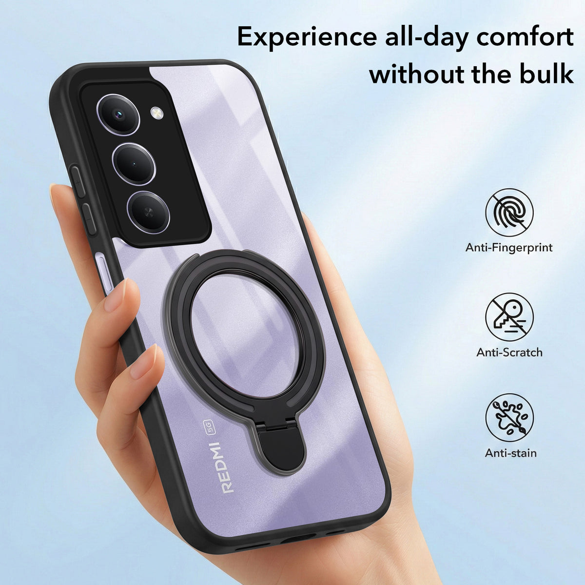 For Redmi 15 Back Cover Case (Kick Stand Ring Holder | Life time Anti Yellow | Camera Protection)