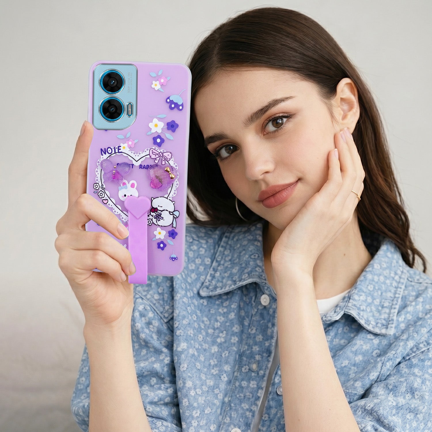 For Motorola Moto G96 Back Cover Case (3D Cute Heart Strap Holder | Camera Protection | Designer Girls Print)