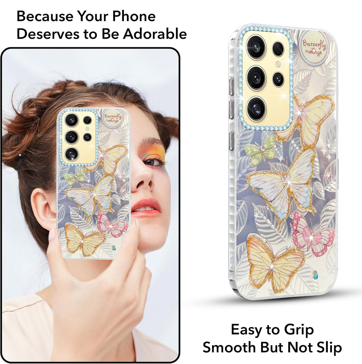 For Samsung Galaxy S24 Ultra Back Cover Case (Luxury Floral Glitter Cute Butterfly | Diamond Studded Camera Bump | Girls & Women Design)
