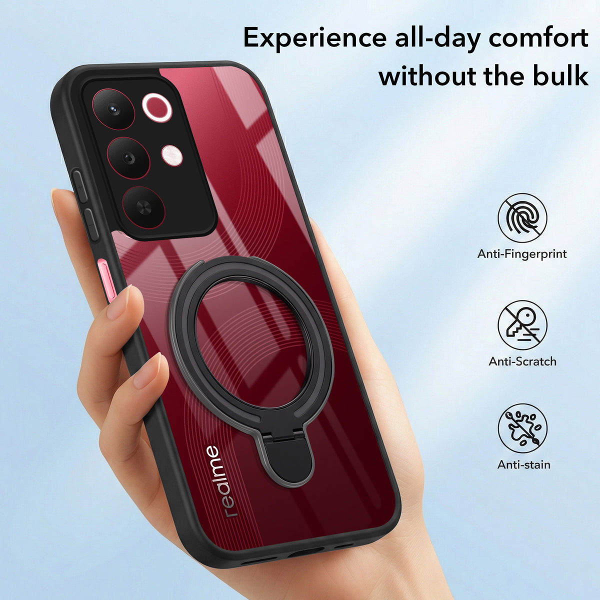 For Realme 15X Back Cover Case (Kick Stand Ring Holder | Life time Anti Yellow | Camera Protection)