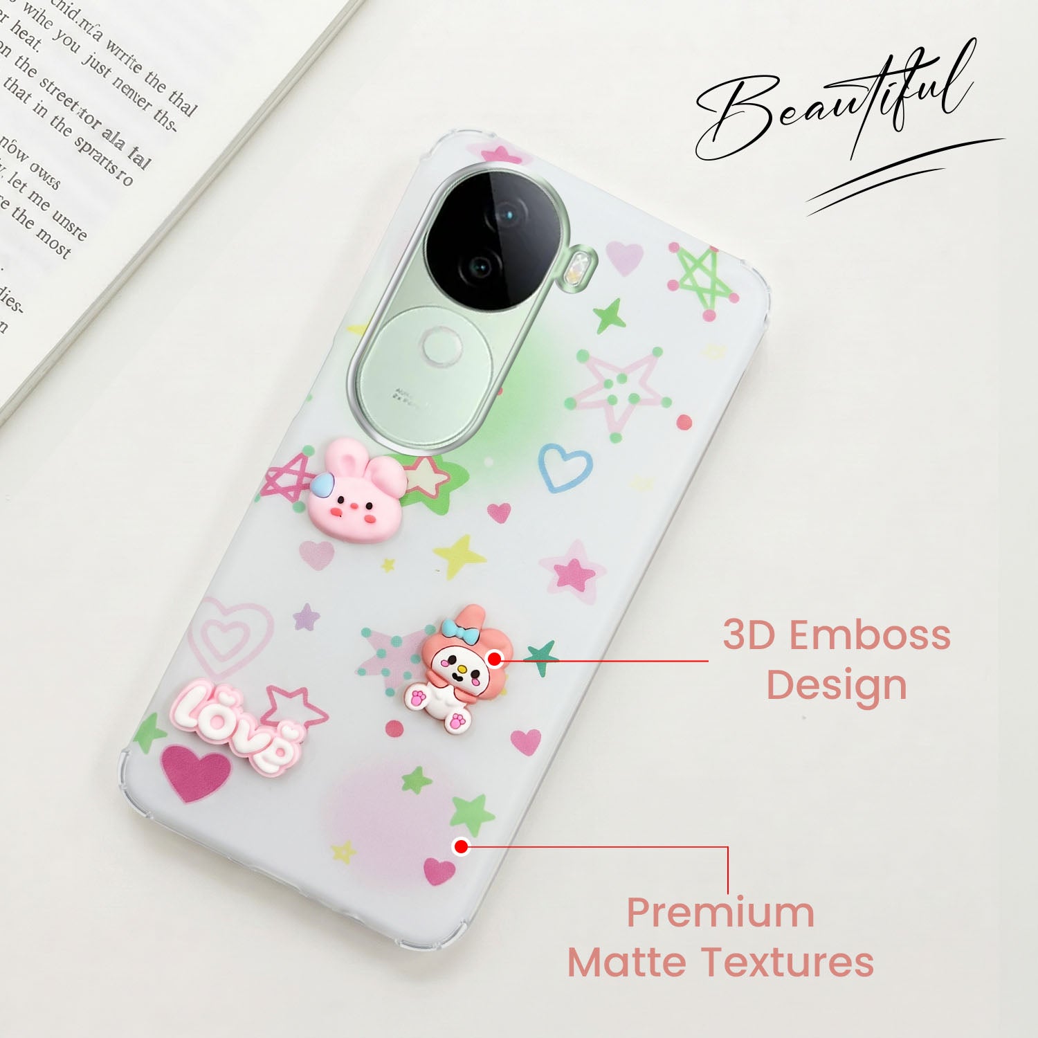 For Vivo V40e Back Cover Case (3D Cute Cartoons | Hard Back Side Soft | Matte Premium Finish | HD Printing)