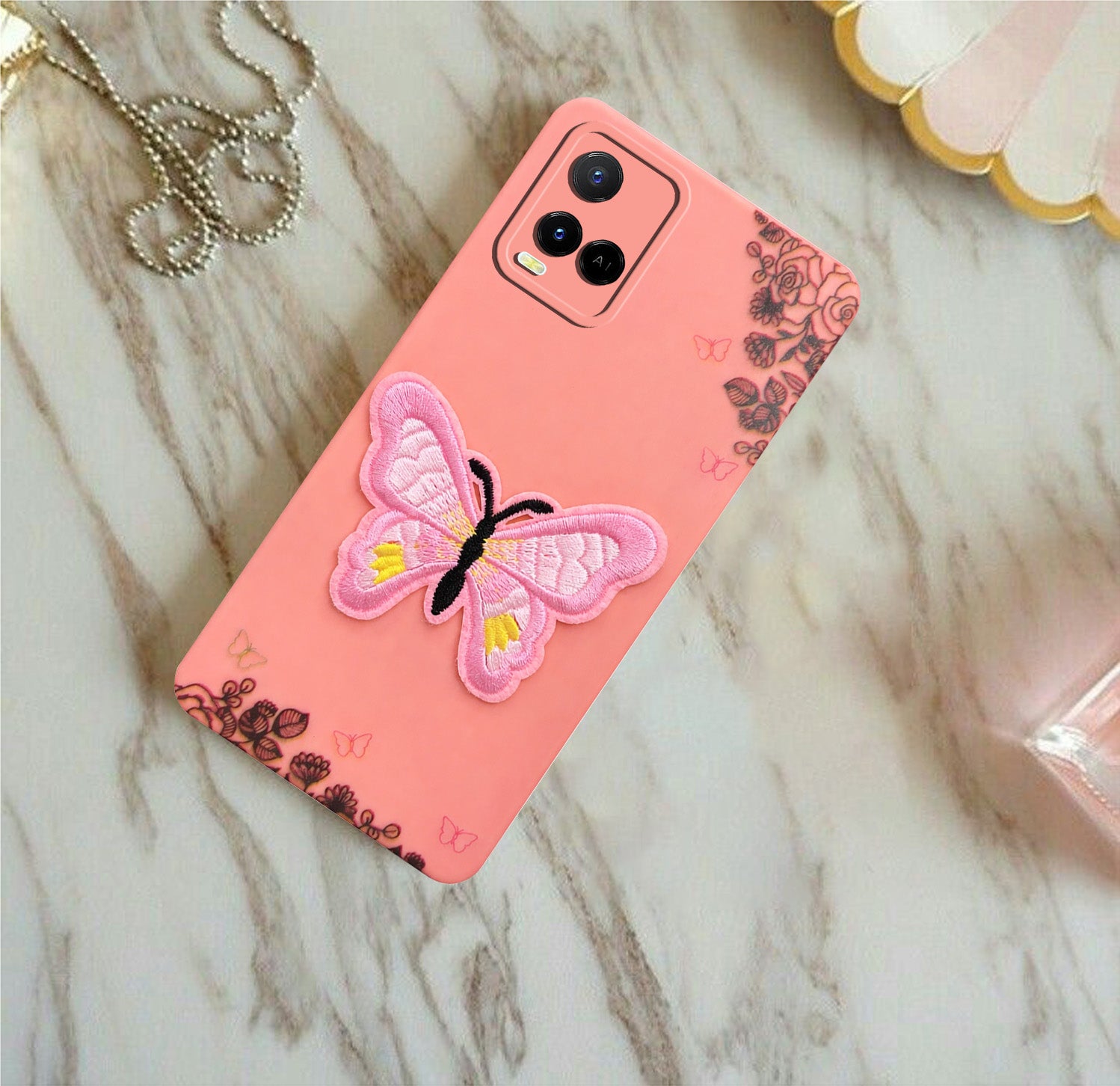 For Vivo Y21e | Vivo Y21A | Vivo Y32 Back Cover Case (Soft Butterfly Embroidery | Women Teen Girls | Camera Protection| Matte Silicone)
