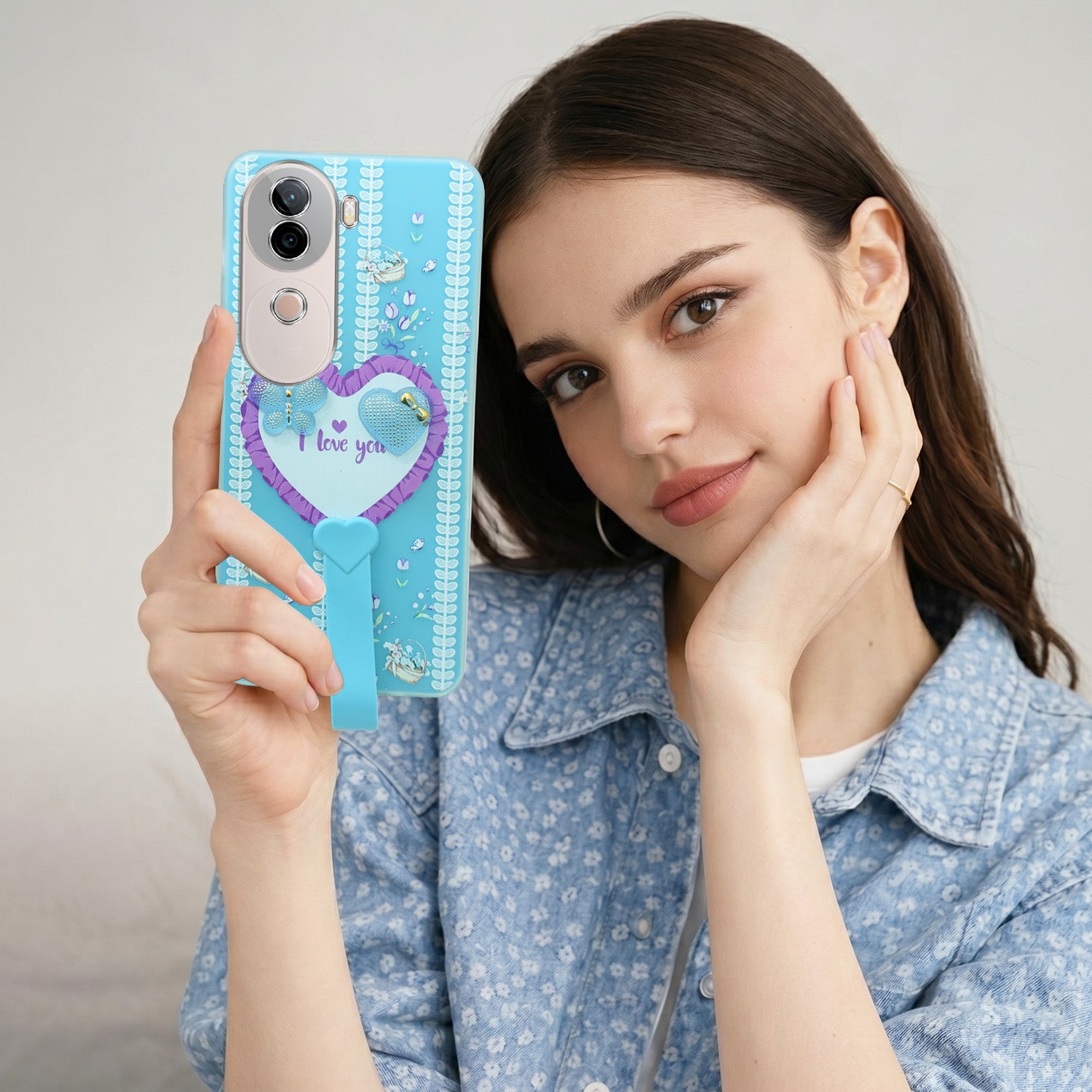 For Vivo V40e Back Cover Case (3D Cute Heart Strap Holder | Camera Protection | Designer Girls Print)