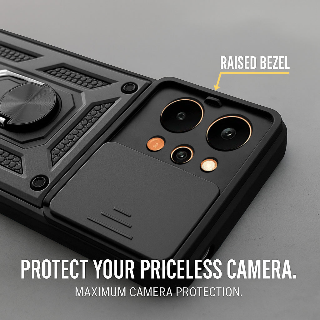 For Realme P4 Power 5G | Realme Narzo Power Back Cover Case Hybrid Armor (Sliding Shutter Camera Protection | Polycarbonate |Ring Holder Kickstand)