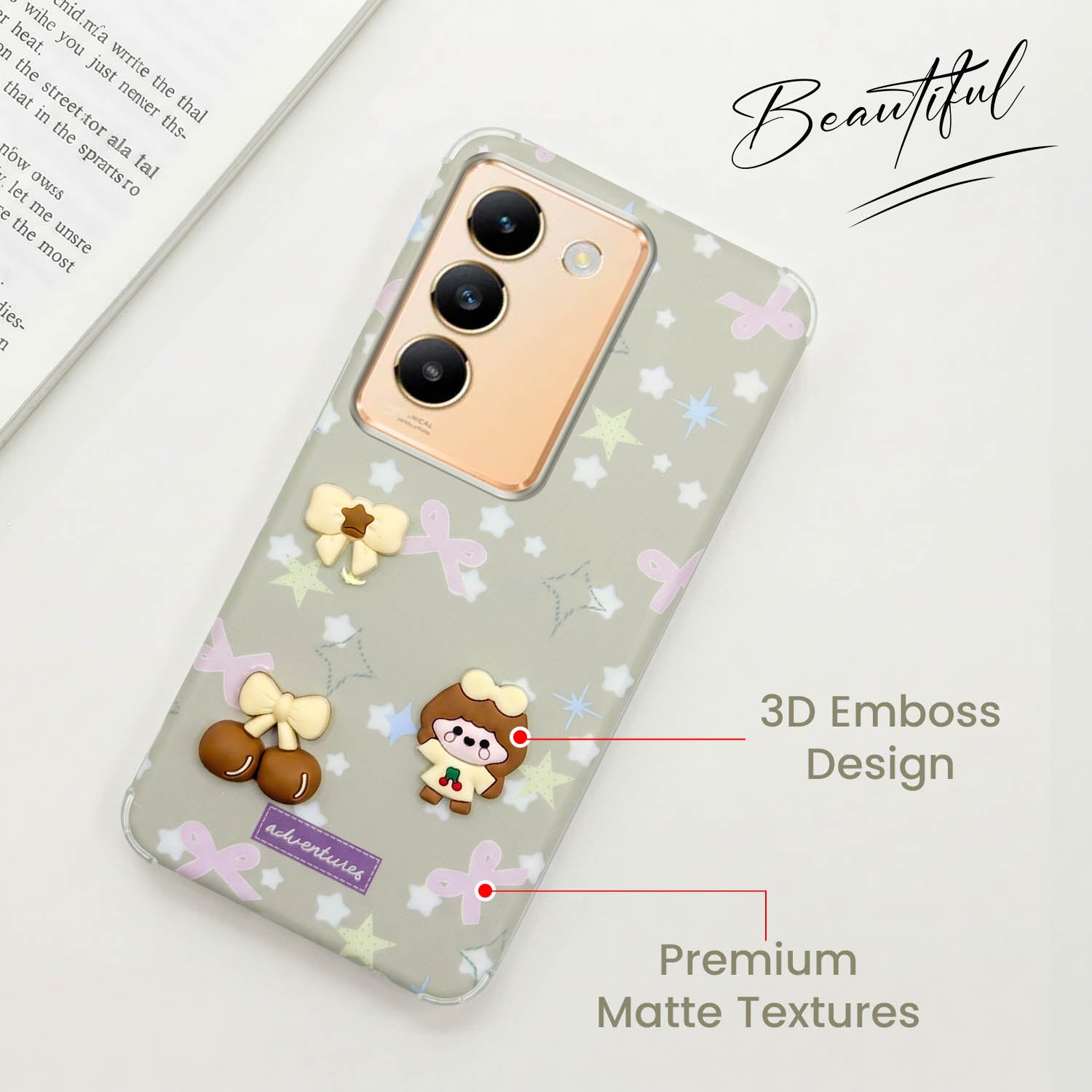 For Vivo Y200e Back Cover Case (3D Cute Cartoons | Hard Back Side Soft | Matte Premium Finish | HD Printing)