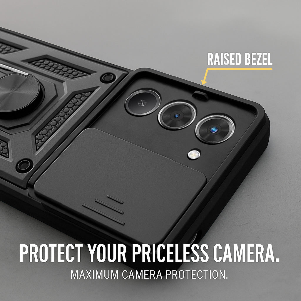 For Redmi 15 Back Cover Case Hybrid Armor (Sliding Shutter Camera Protection | Polycarbonate |Ring Holder Kickstand)