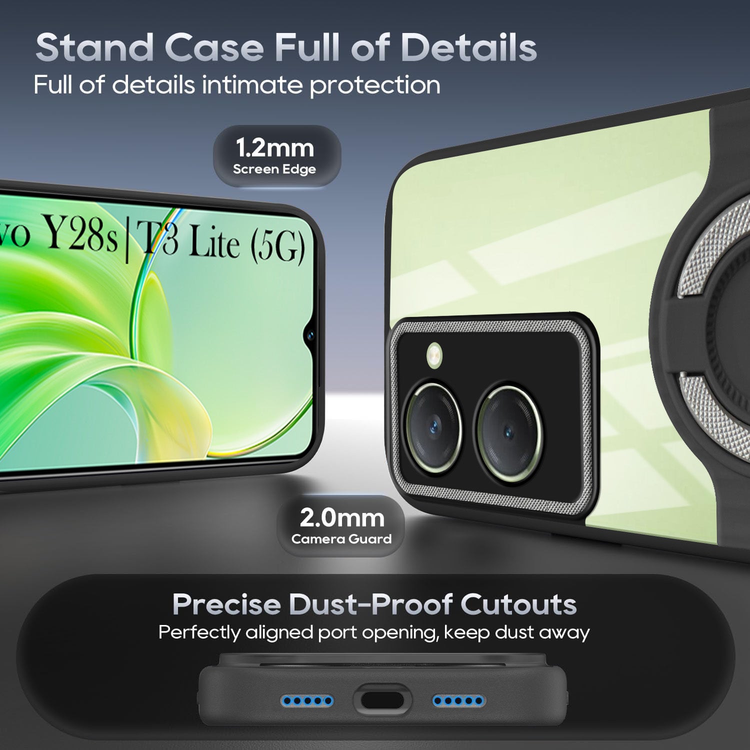 For Vivo T3 Lite 5G | Vivo Y28s 5G Back Cover Case with stand (Built-in Ring Holder Kickstand | Lifetime Anti Yellow | Camera Protection)