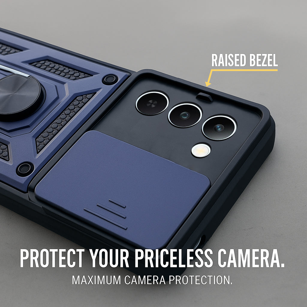 For Realme P4 Lite 5G | Realme Narzo 100 Lite 5G Back Cover Case Hybrid Armor (Sliding Shutter Camera Protection | Polycarbonate |Ring Holder Kickstand)