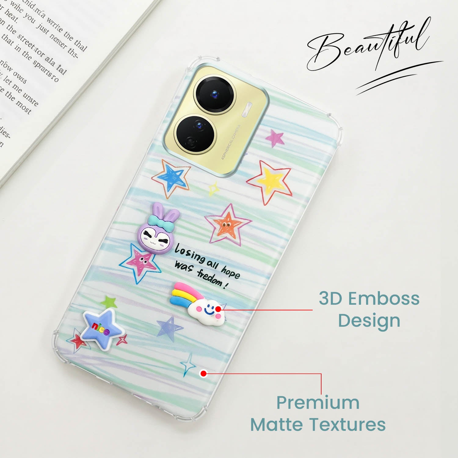 For Vivo Y16 Back Cover Case (3D Cute Cartoons | Hard Back Side Soft | Matte Premium Finish | HD Printing)