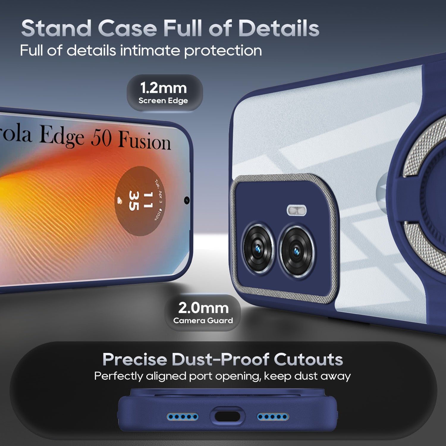 For Motorola Moto Edge 50 Fusion Back Cover Case with stand (Built-in Ring Holder Kickstand | Lifetime Anti Yellow | Camera Protection)