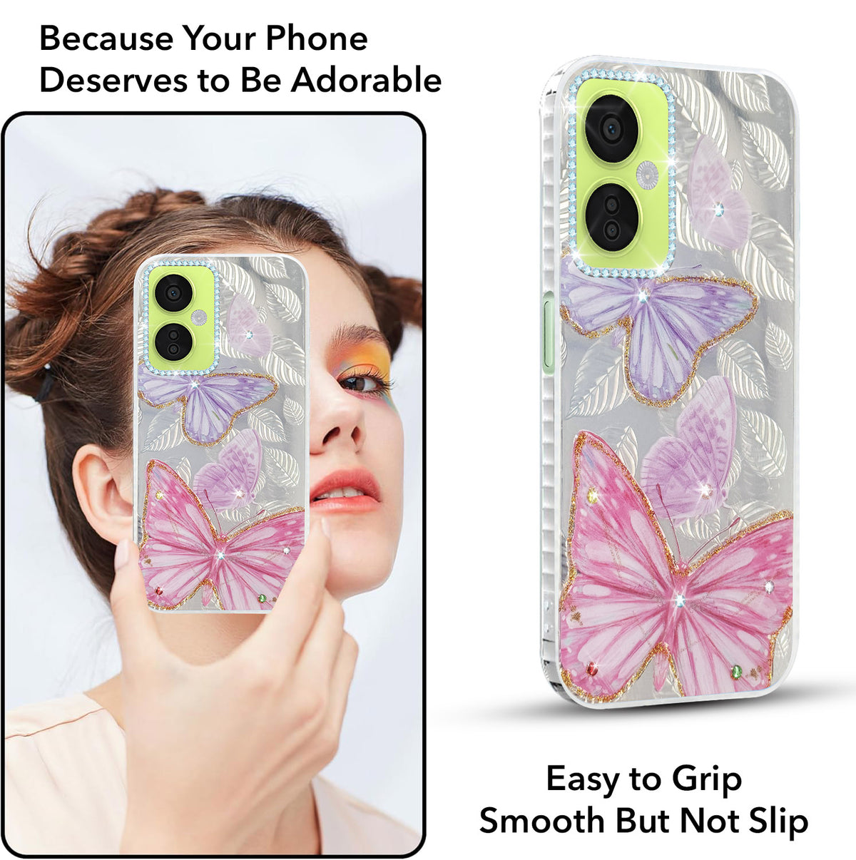 For OnePlus Nord CE 3 Lite Back Cover Case (Luxury Floral Glitter Cute Butterfly | Diamond Studded Camera Bump | Girls & Women Design)
