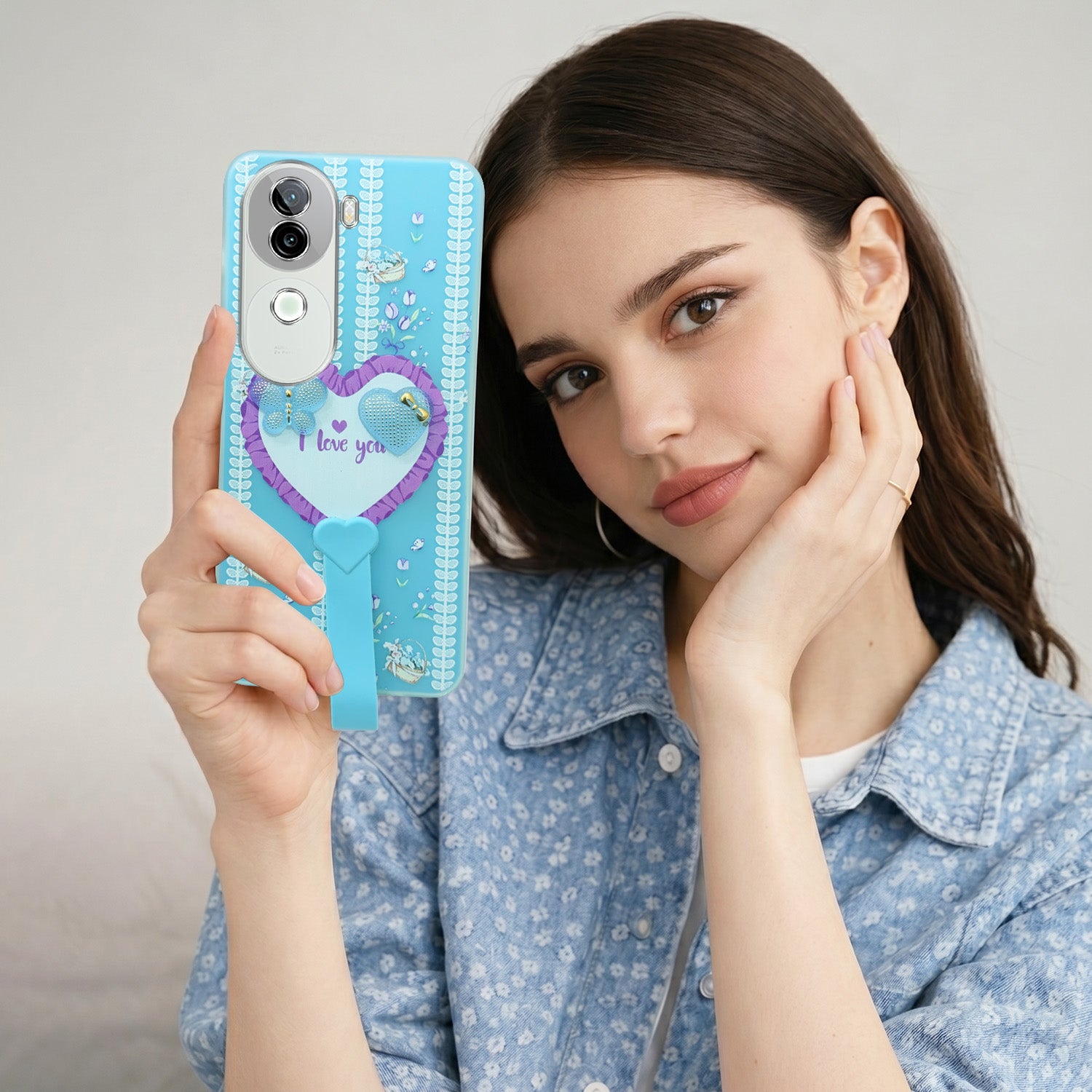 For Vivo iQOO Z9s Back Cover Case (3D Cute Heart Strap Holder | Camera Protection | Designer Girls Print)