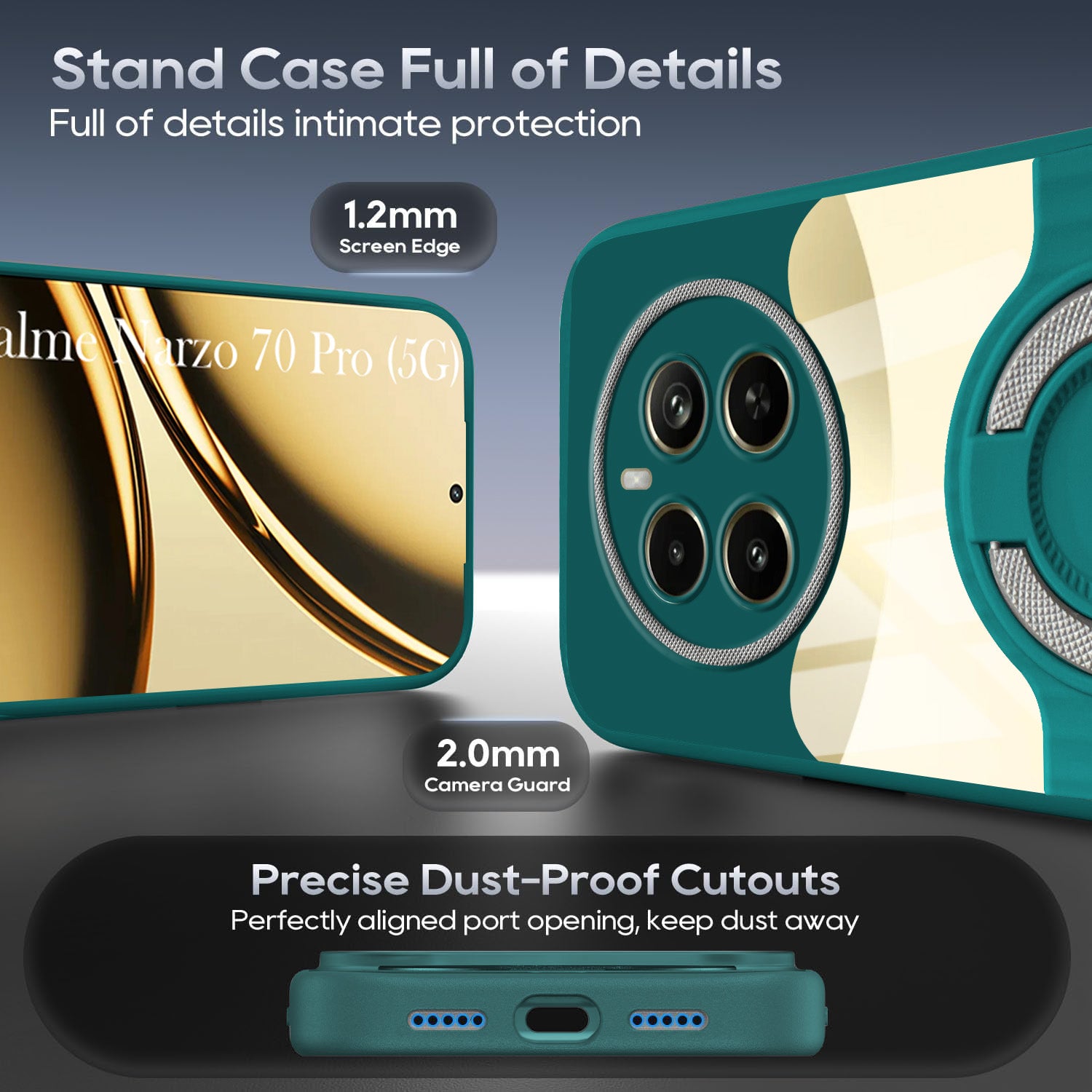 For Realme Narzo 70 Pro Back Cover Case with stand (Built-in Ring Holder Kickstand | Lifetime Anti Yellow | Camera Protection)