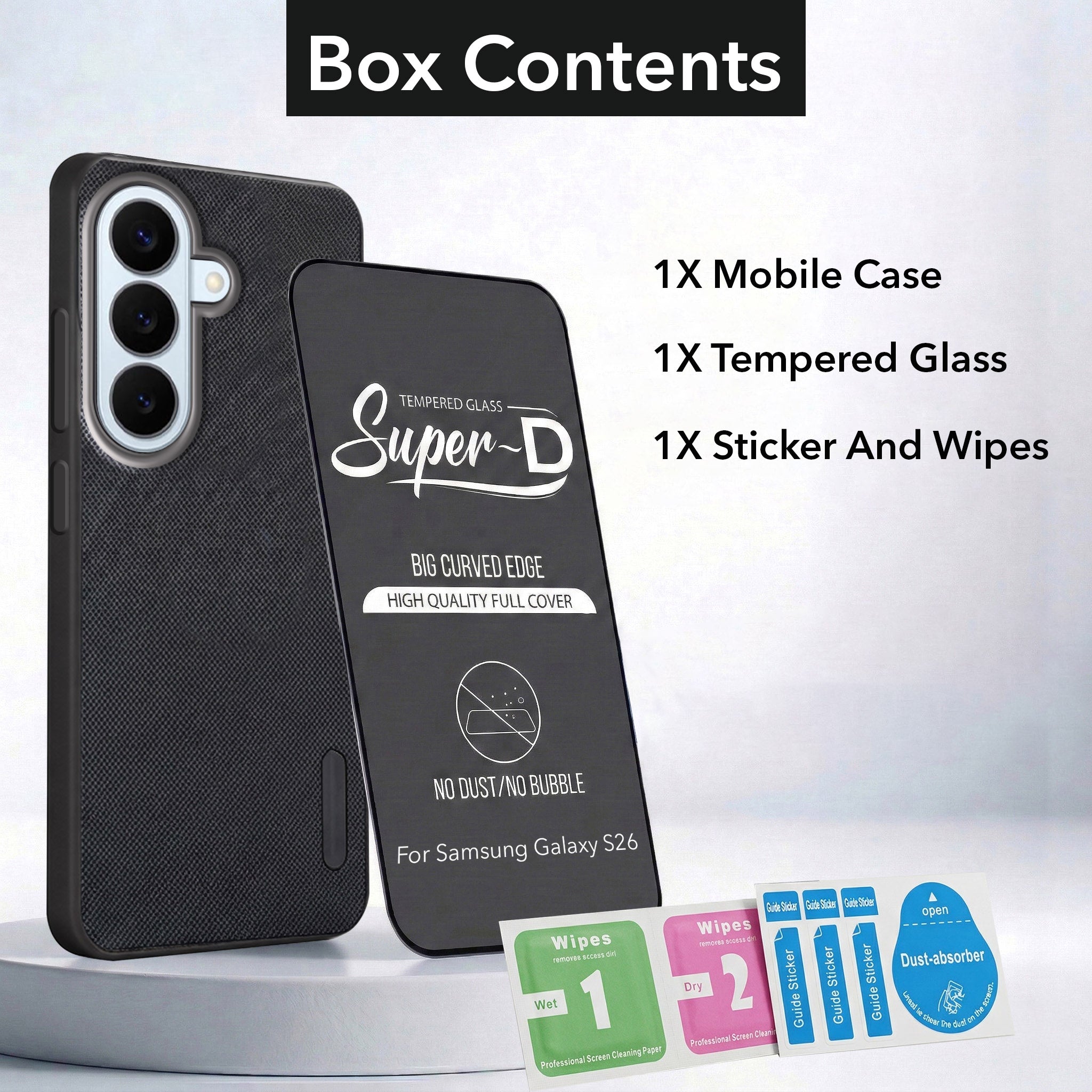 For Samsung Galaxy S26 5G Combo with Back Cover and 9H Tempered Glass (Textured Grip Design | Micro-Fiber Cloth Inside | Oleophobic Coating Screen Glass)