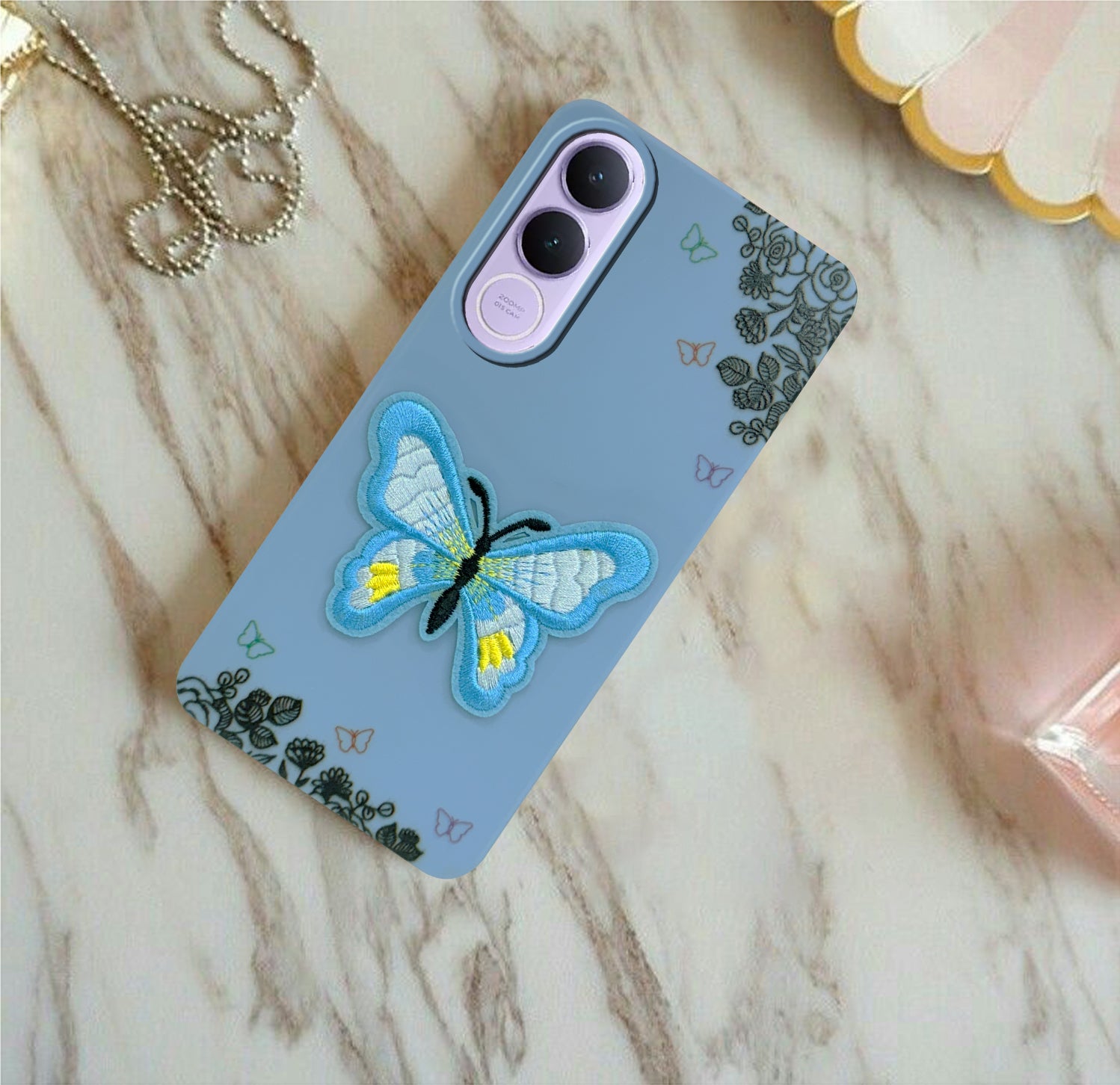 For Vivo V70 FE 5G Back Cover Case (Soft Butterfly Embroidery | Women Teen Girls | Camera Protection| Matte Silicone)
