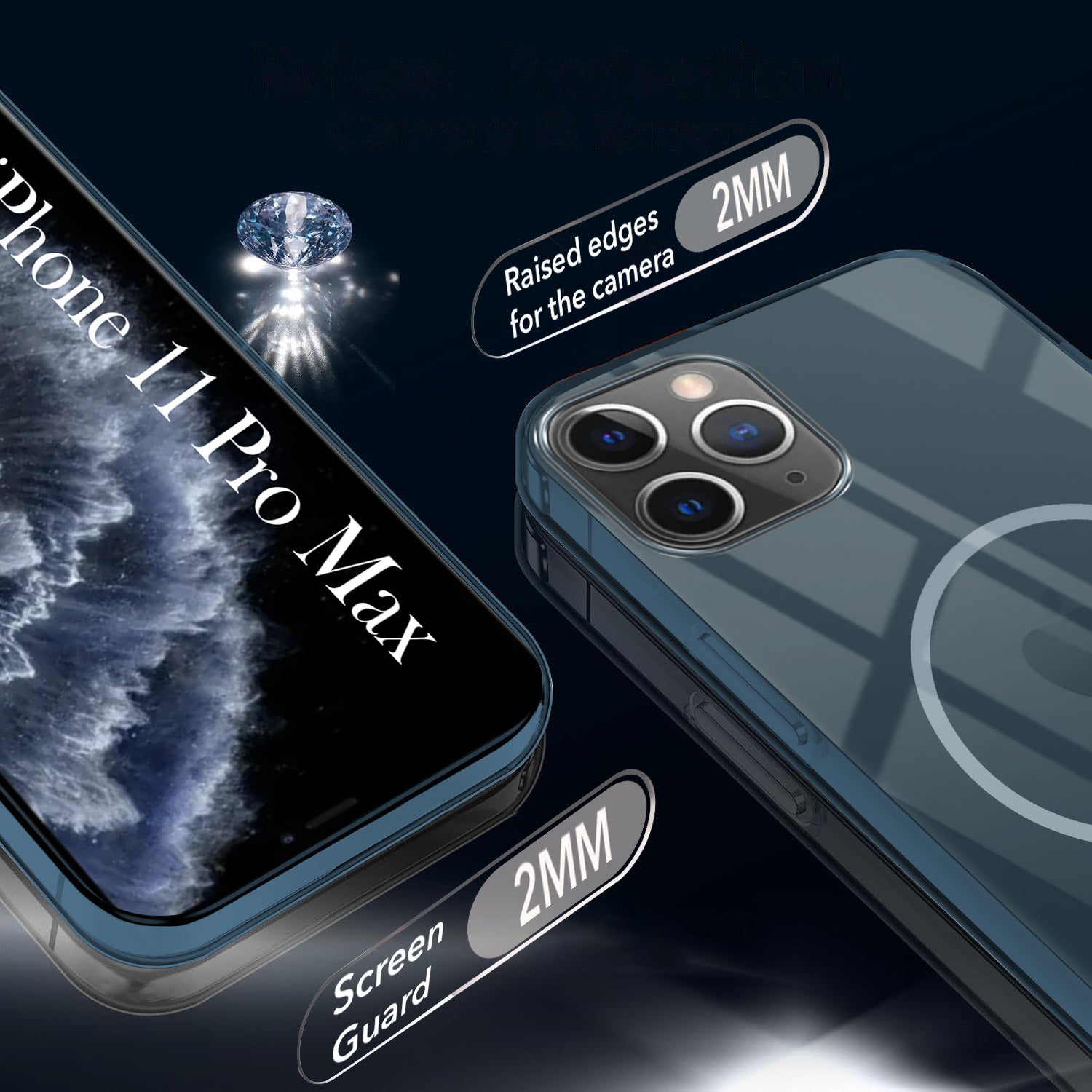 For Apple iPhone 11 Pro Max Back Cover Case Crystal Anti Yellow (MagSafe Wireless Charging Support |Camera Protection Bump)