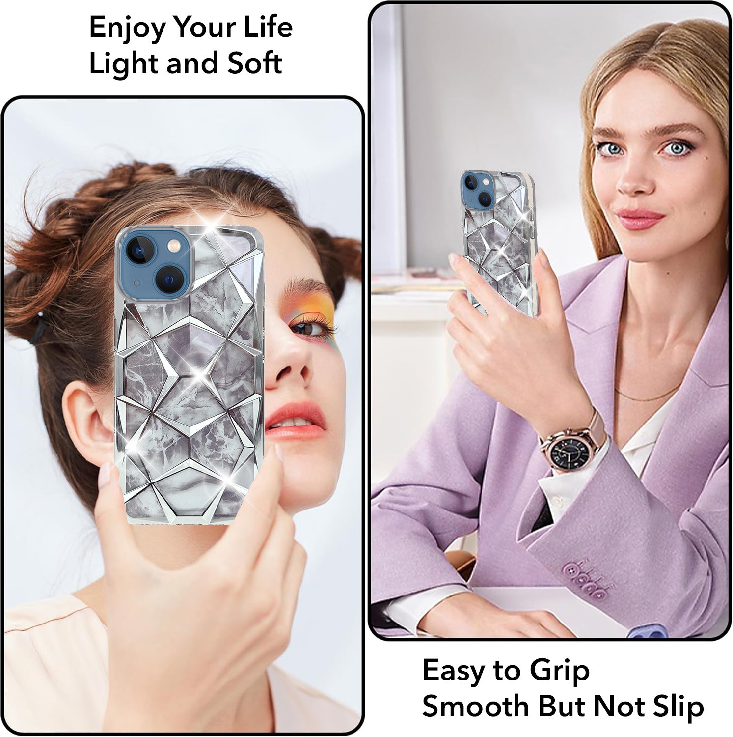 For Apple iPhone 13 Back Cover Case ( Dual Design Glitter Sparkle and Detachable Diamond Print Case | Soft and Flexible)