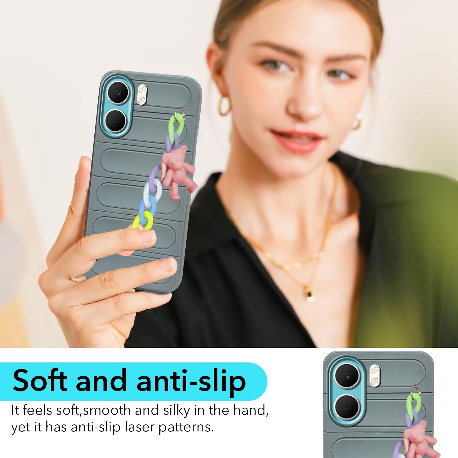 For Oppo A5X Back Cover Case (Wrist Hanging Chain | Teddy Bracelet Charms | Matte Liquid Silicone | Camera Protection Ring)